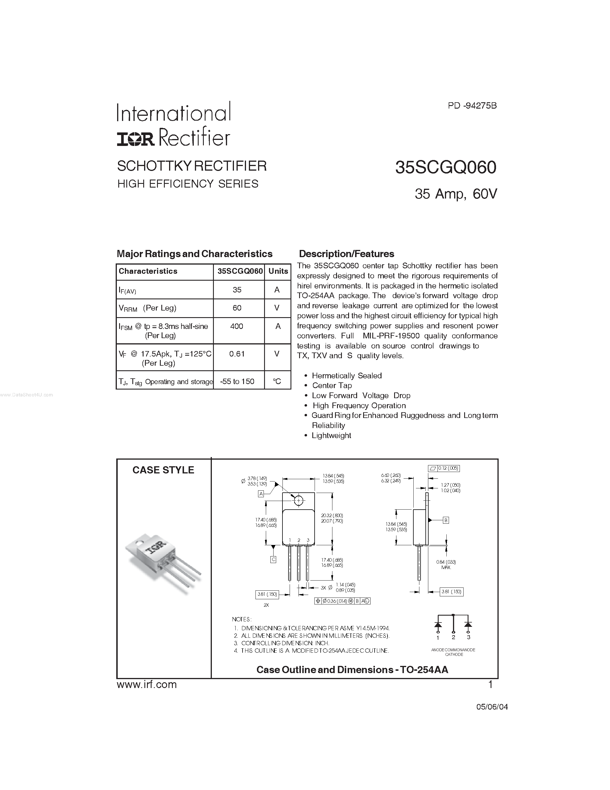 Datasheet 35SCGQ060 - SCHOTTKY RECTIFIER page 1