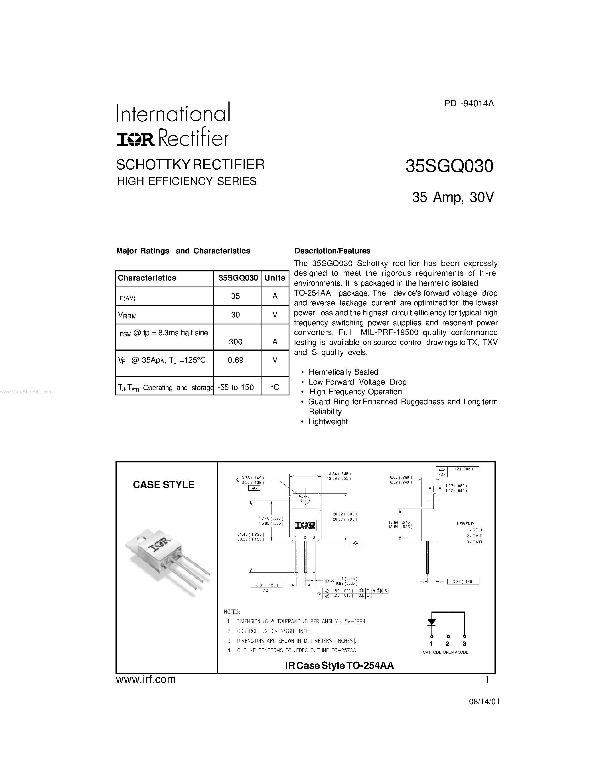 Datasheet 35SGQ030 page 1 Datasheet 35SGQ030 - SCHOTTKY RECTIFIER page 1