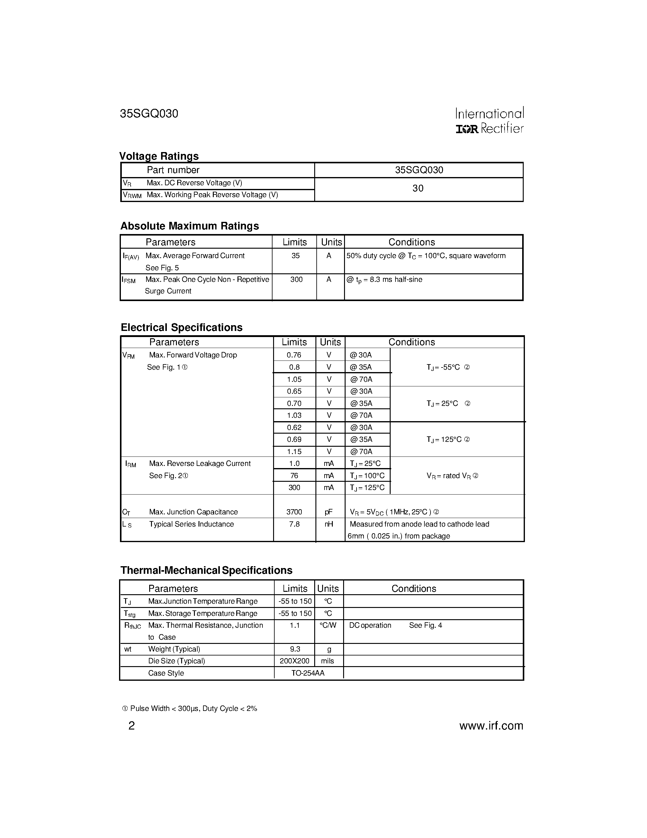 Datasheet 35SGQ030 page 2 Datasheet 35SGQ030 - SCHOTTKY RECTIFIER page 2