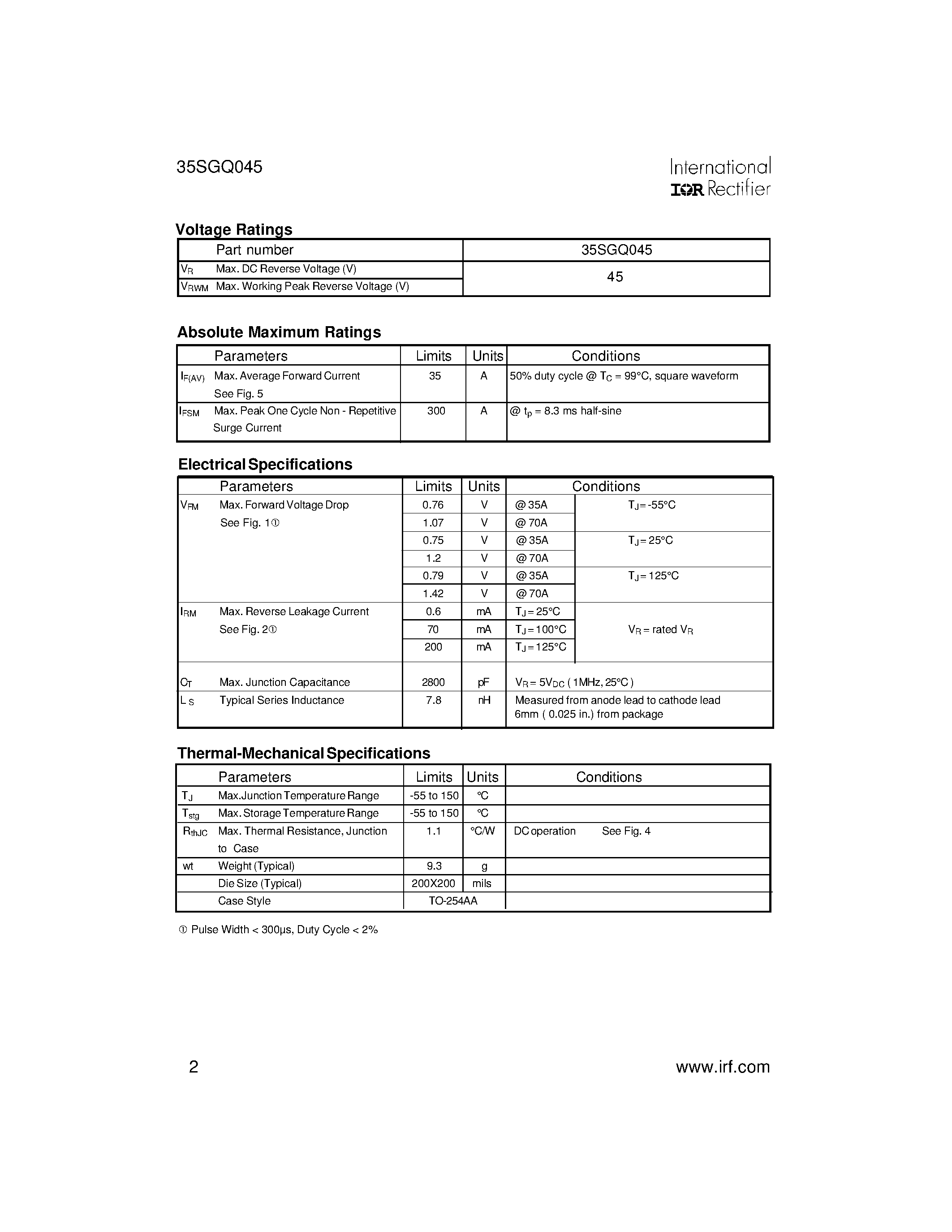 Datasheet 35SGQ045 page 2 Datasheet 35SGQ045 - SCHOTTKY RECTIFIER page 2