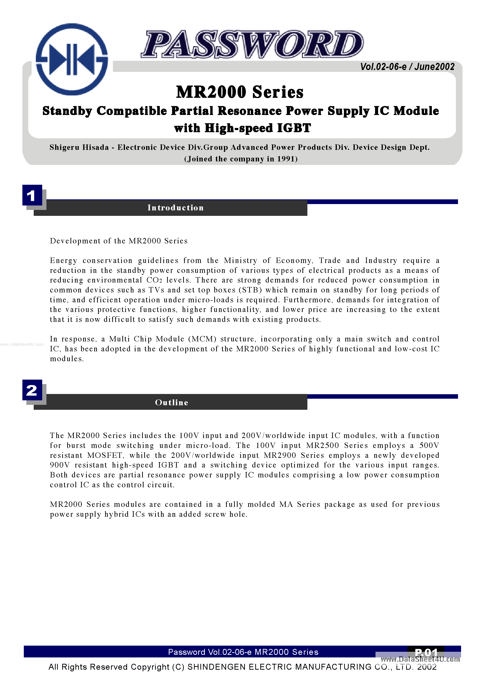 Datasheet MR2520 page 1 Datasheet MR2520 - (MR2000 Series) Partial Resonance Power Supply IC page 1