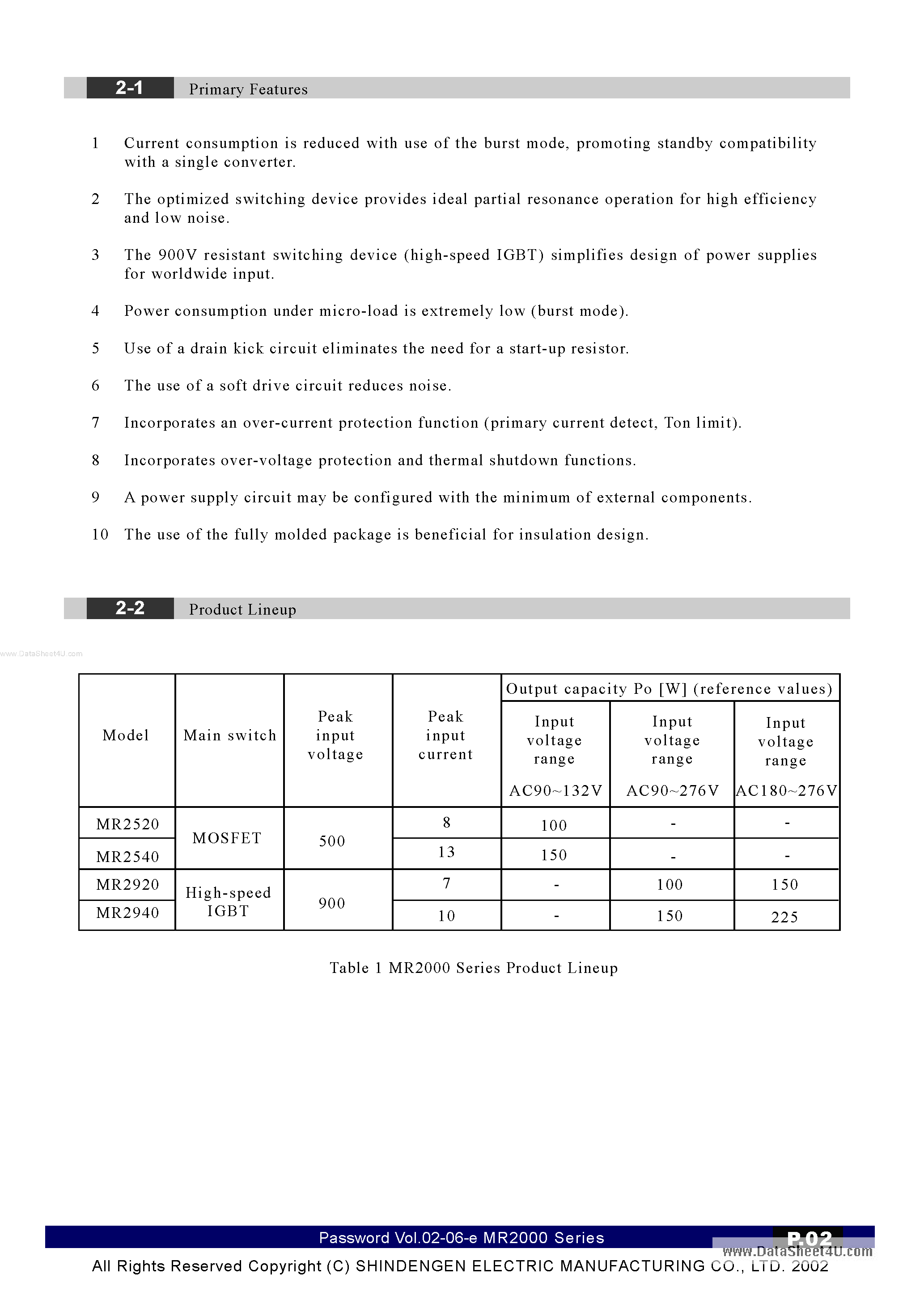 Datasheet MR2520 - (MR2000 Series) Partial Resonance Power Supply IC page 2