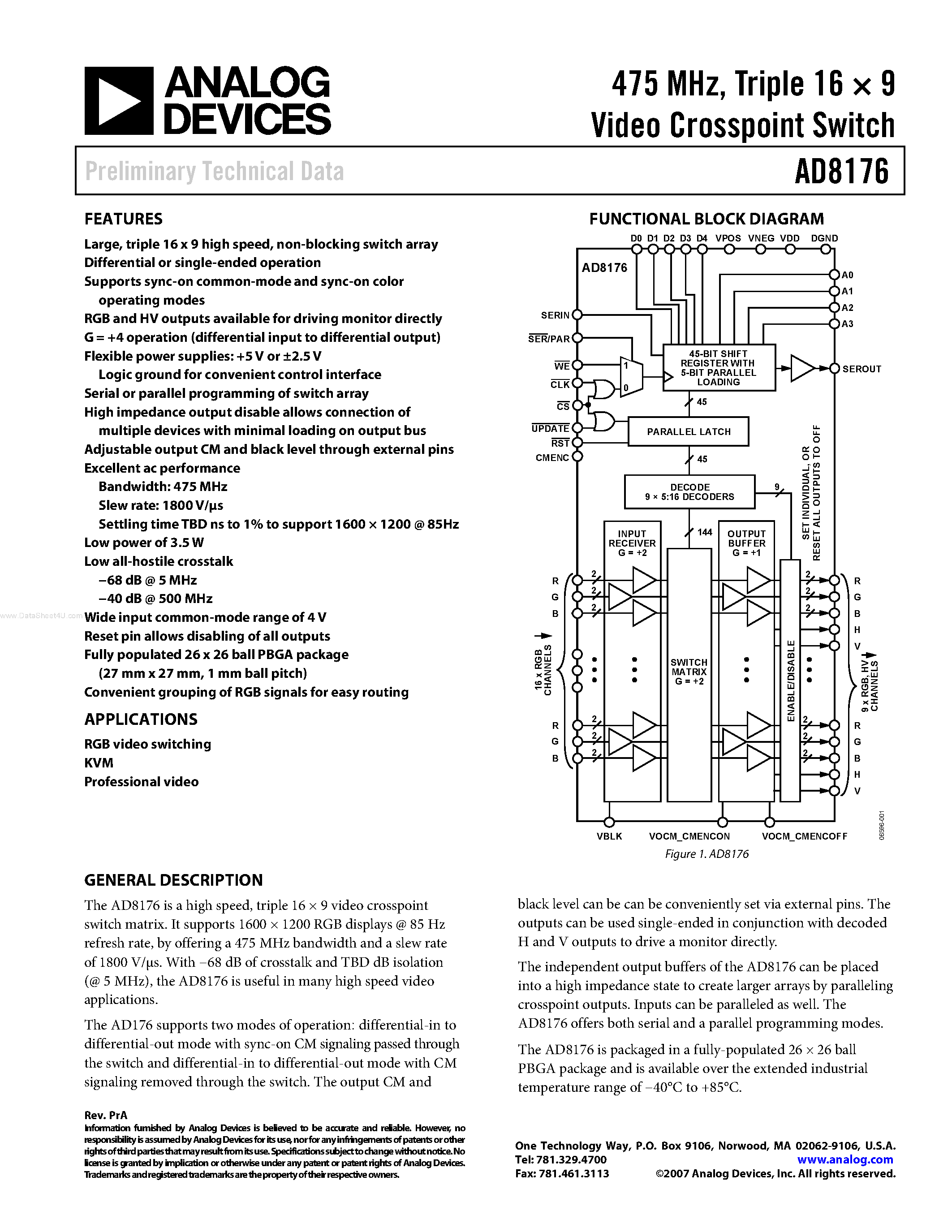 Даташит AD8176 - Triple 16 X 9 Video Crosspoint Switch страница 1