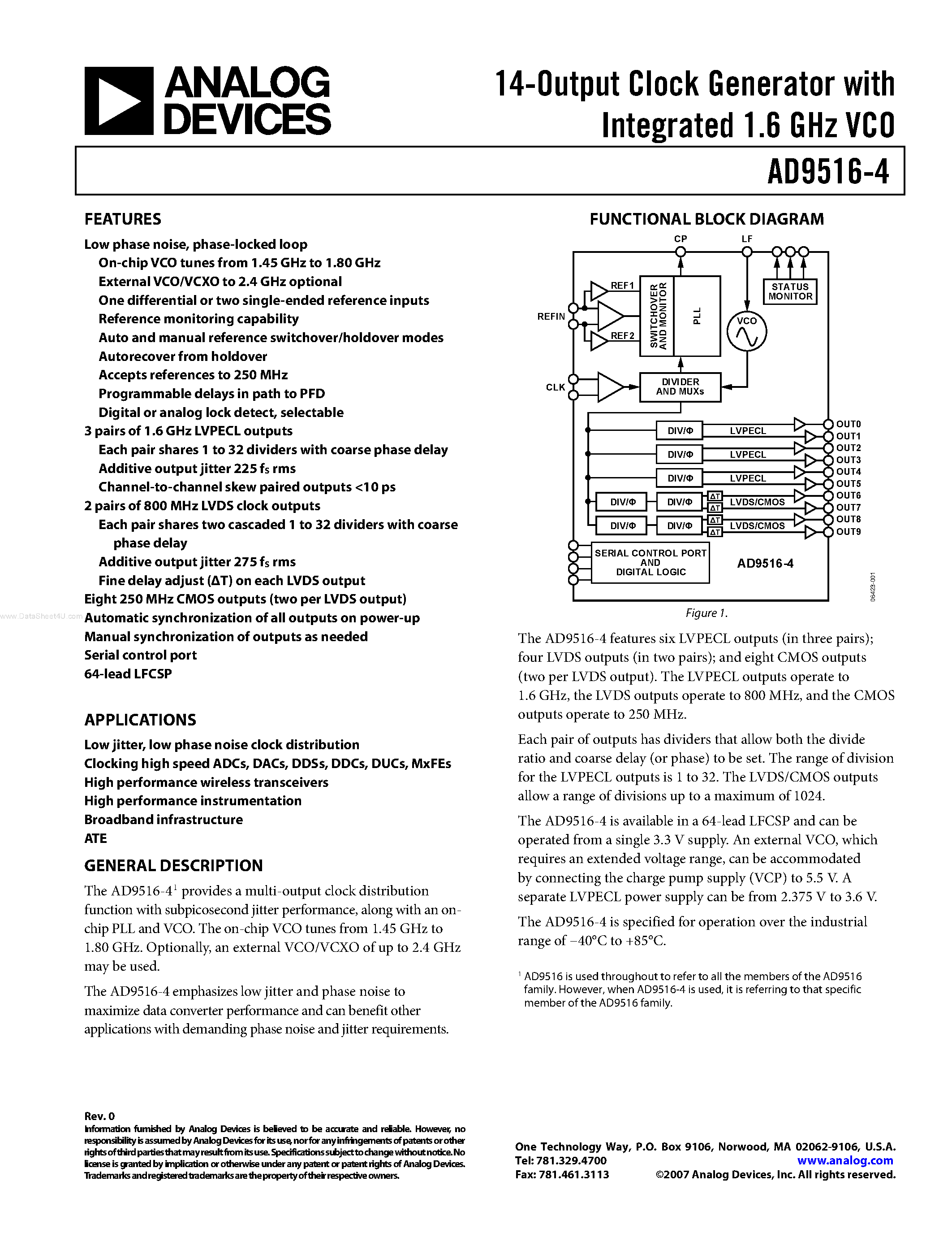 Datasheet AD9516-4 page 1 Datasheet AD9516-4 - 14-Output Clock Generator page 1
