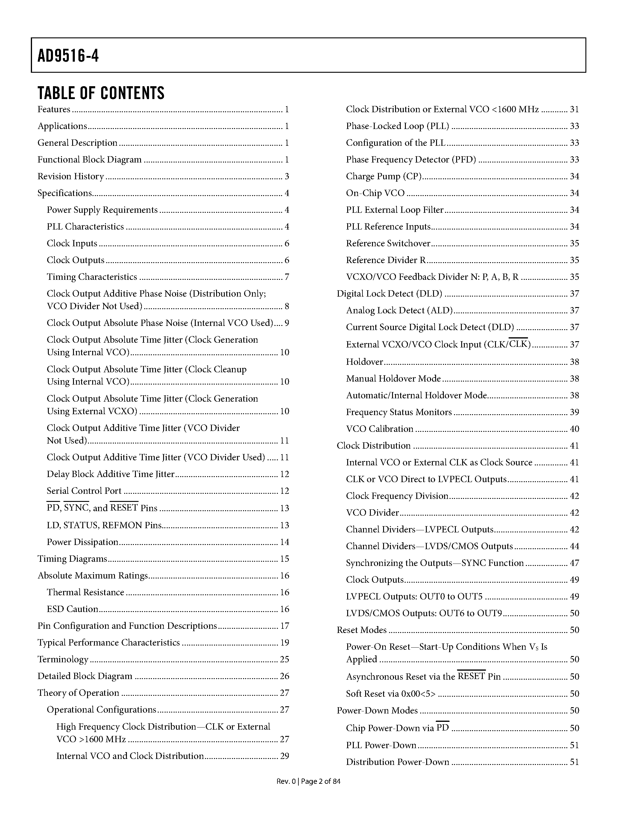 Datasheet AD9516-4 page 2 Datasheet AD9516-4 - 14-Output Clock Generator page 2