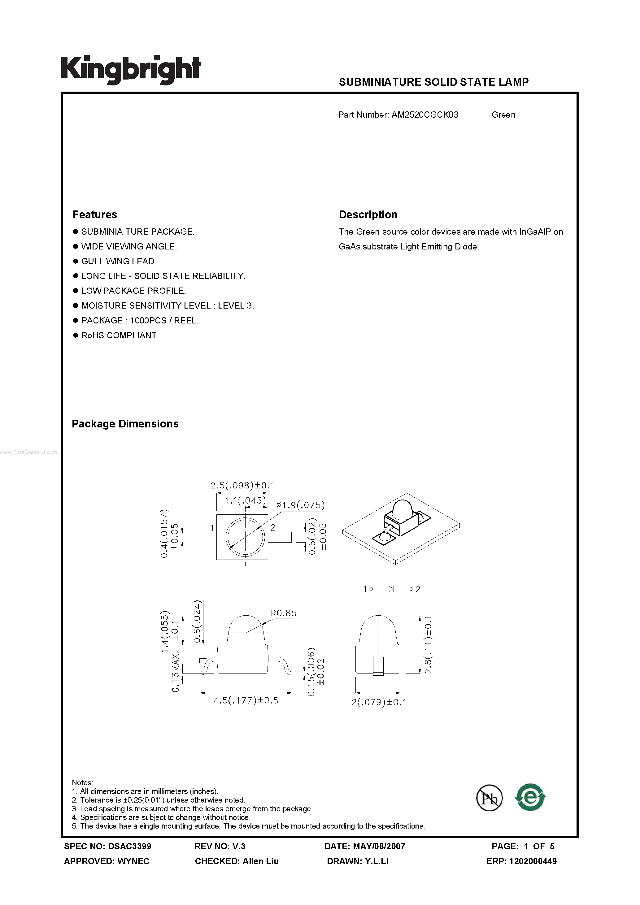 Datasheet AM2520CGCK03 - SUBMINIATURE SOLID STATE LAMP page 1