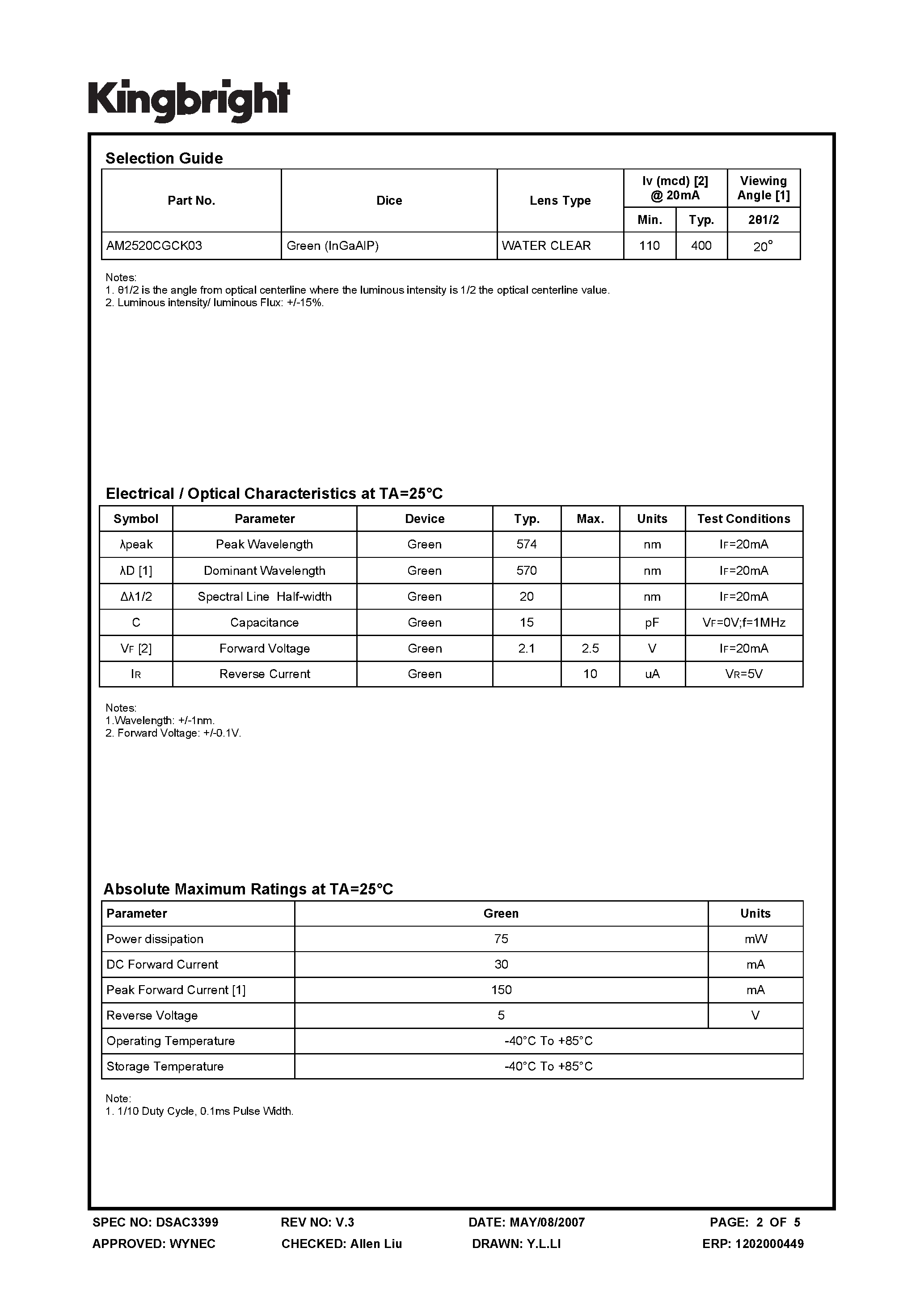 Datasheet AM2520CGCK03 - SUBMINIATURE SOLID STATE LAMP page 2