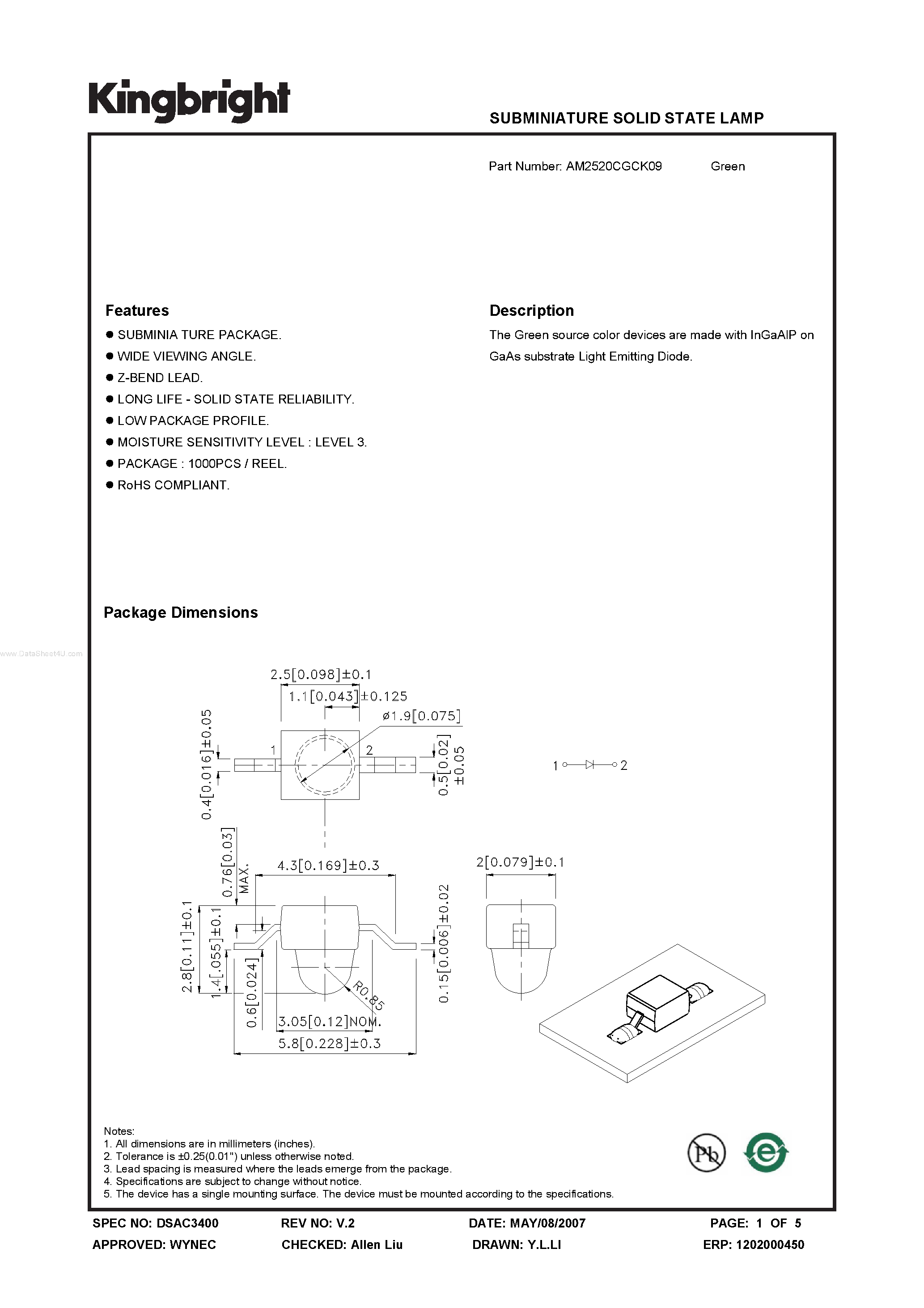 Datasheet AM2520CGCK09 page 1 Datasheet AM2520CGCK09 - SUBMINIATURE SOLID STATE LAMP page 1