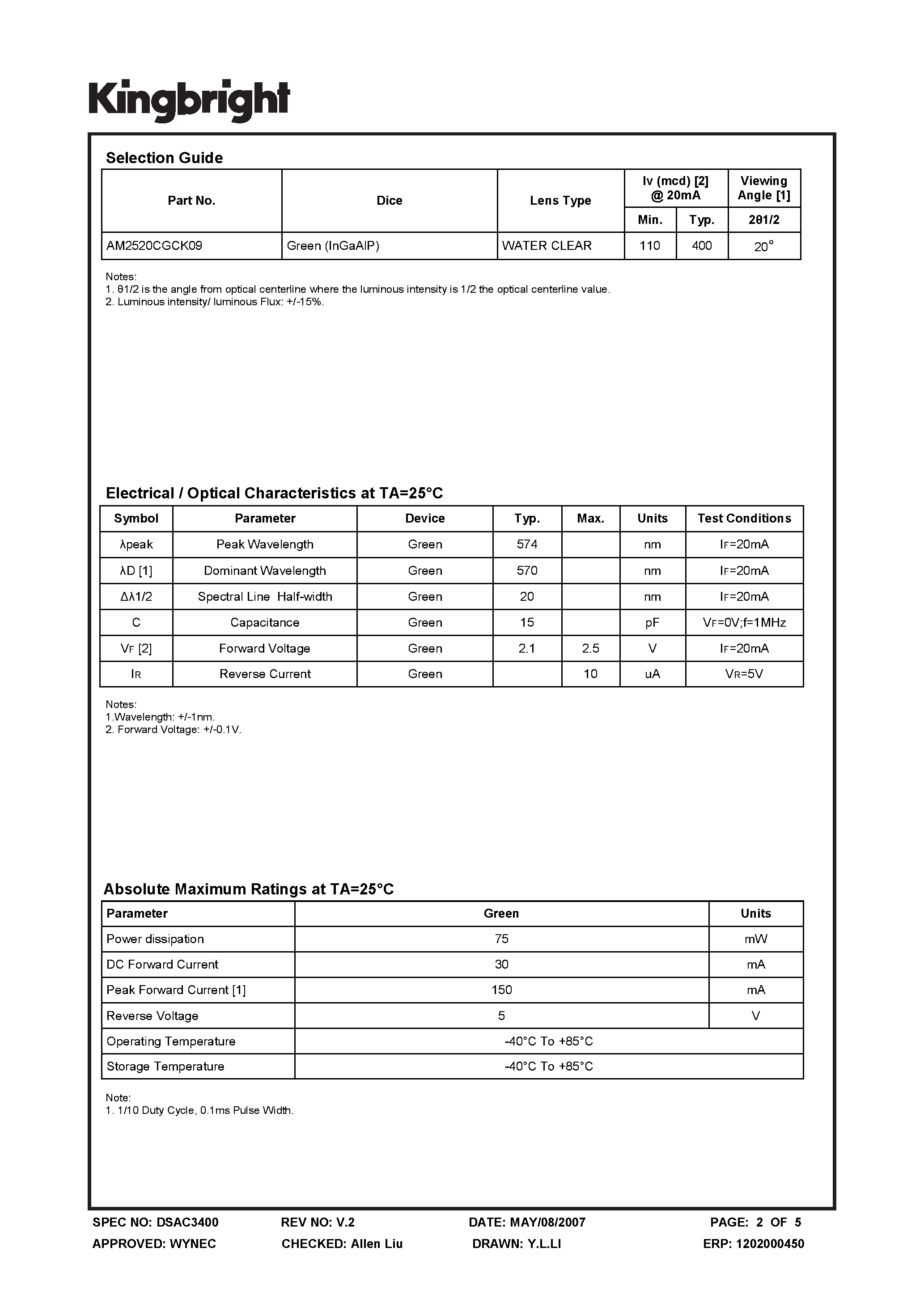 Datasheet AM2520CGCK09 page 2 Datasheet AM2520CGCK09 - SUBMINIATURE SOLID STATE LAMP page 2