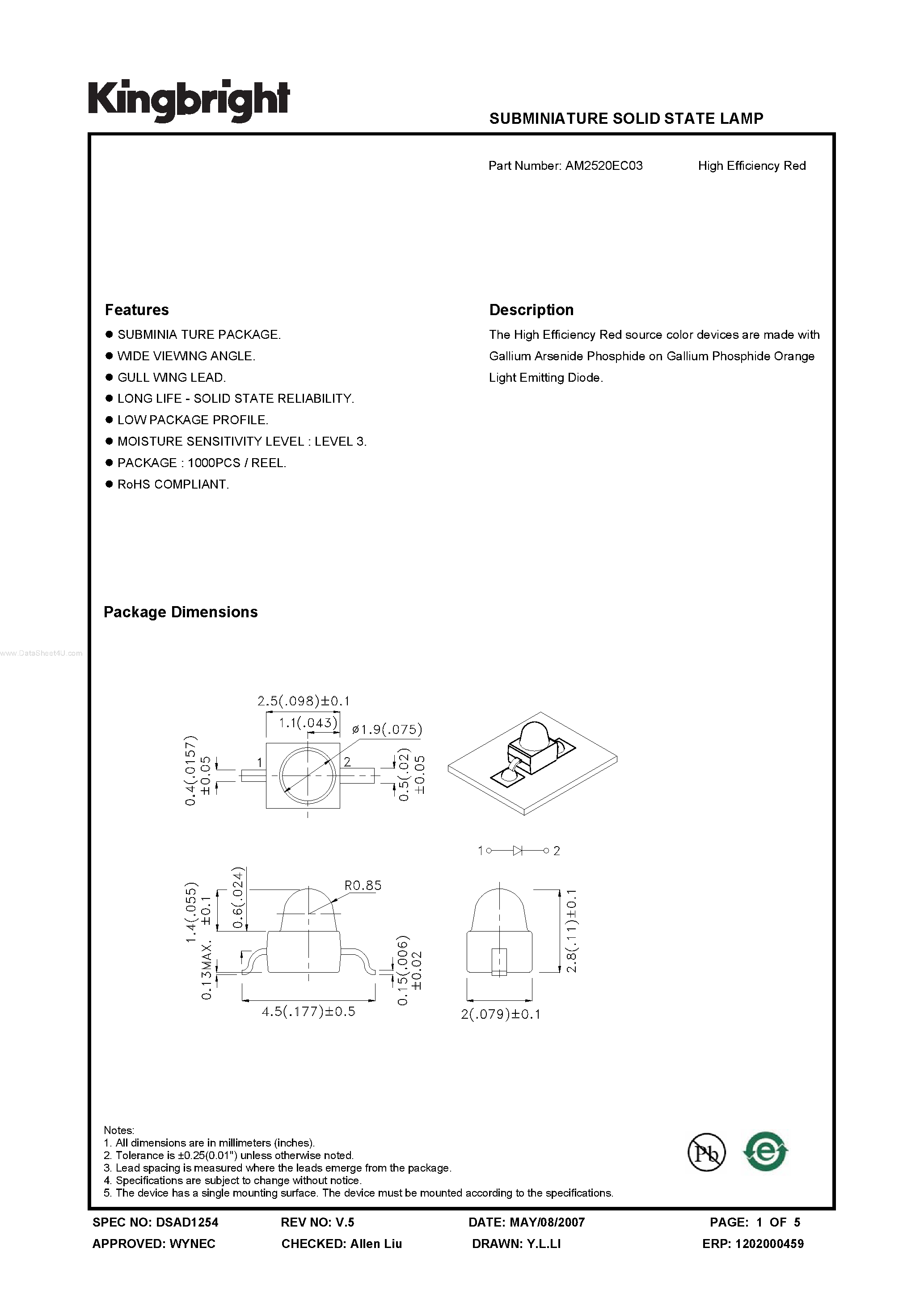Datasheet AM2520EC03 page 1 Datasheet AM2520EC03 - SUBMINIATURE SOLID STATE LAMP page 1
