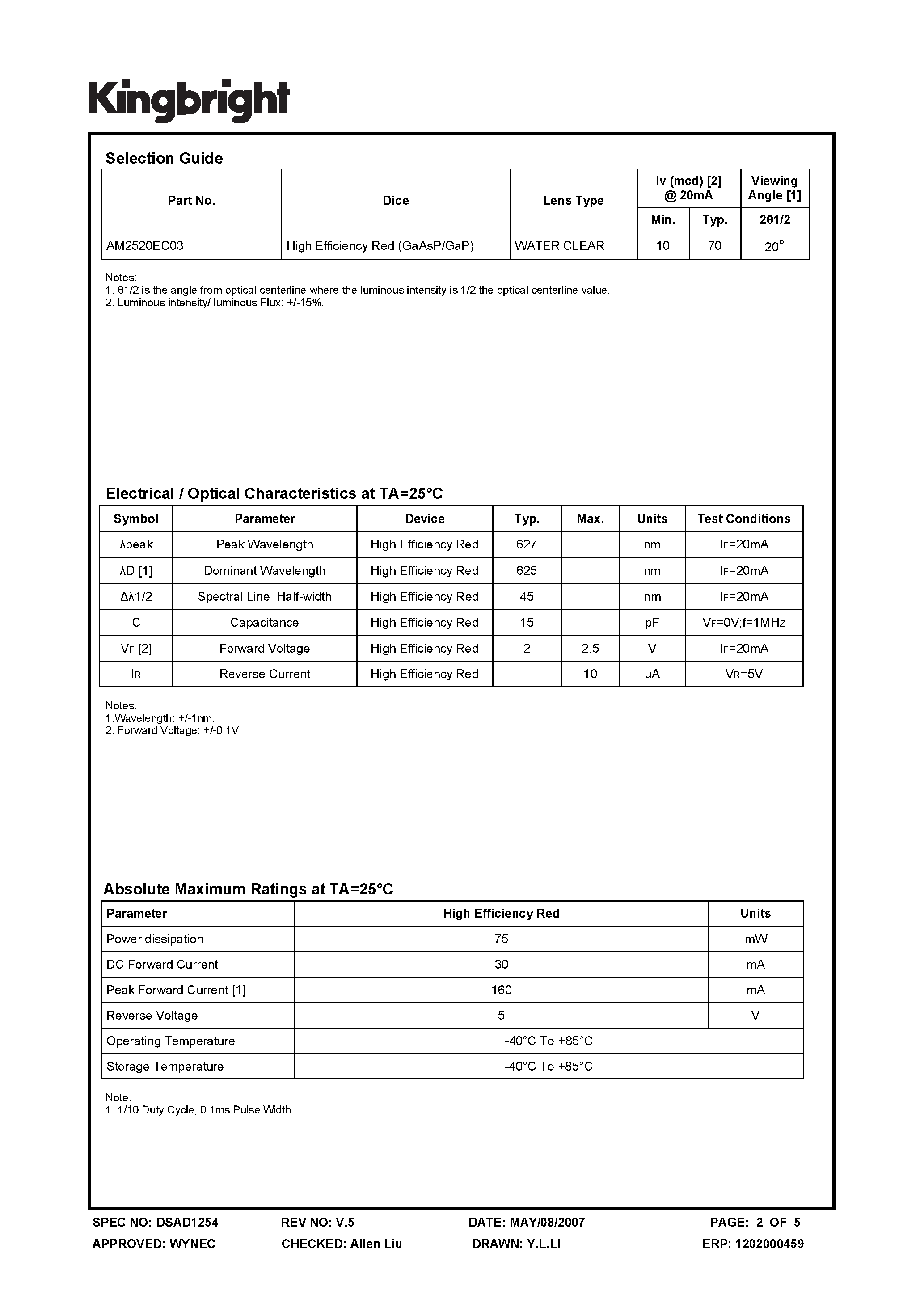 Datasheet AM2520EC03 page 2 Datasheet AM2520EC03 - SUBMINIATURE SOLID STATE LAMP page 2