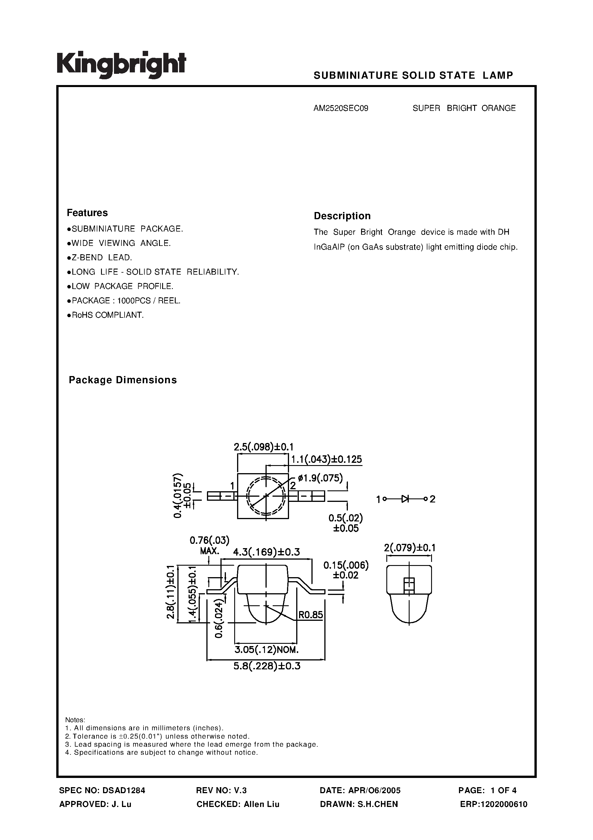 Datasheet AM2520SEC09 page 1 Datasheet AM2520SEC09 - SUBMINIATURE SOLID STATE LAMP page 1