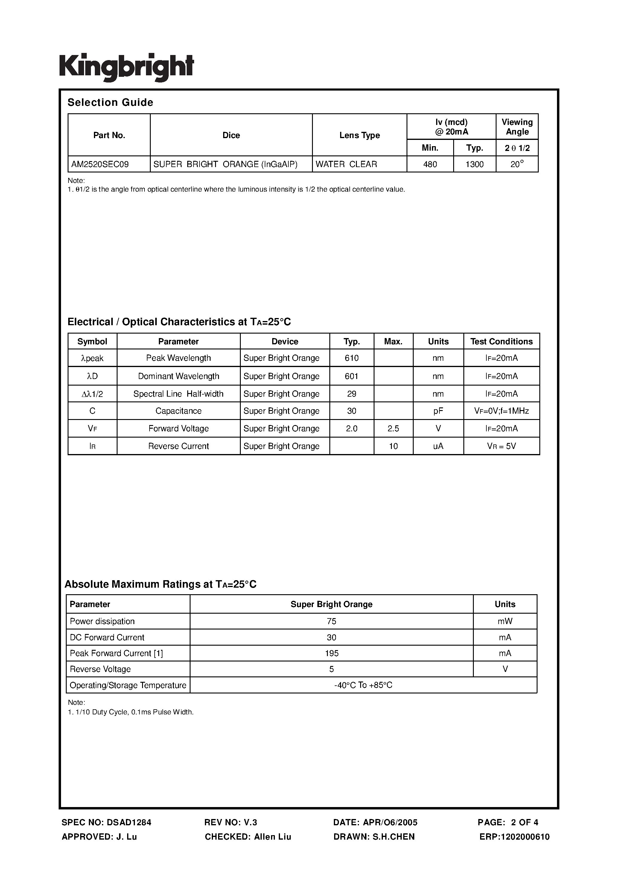 Datasheet AM2520SEC09 page 2 Datasheet AM2520SEC09 - SUBMINIATURE SOLID STATE LAMP page 2