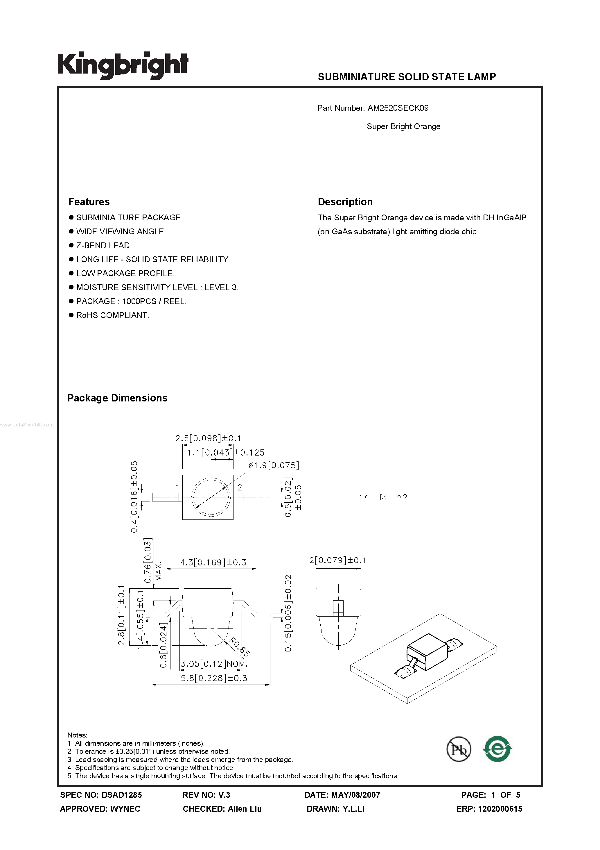 Datasheet AM2520SECK09 - SUBMINIATURE SOLID STATE LAMP page 1