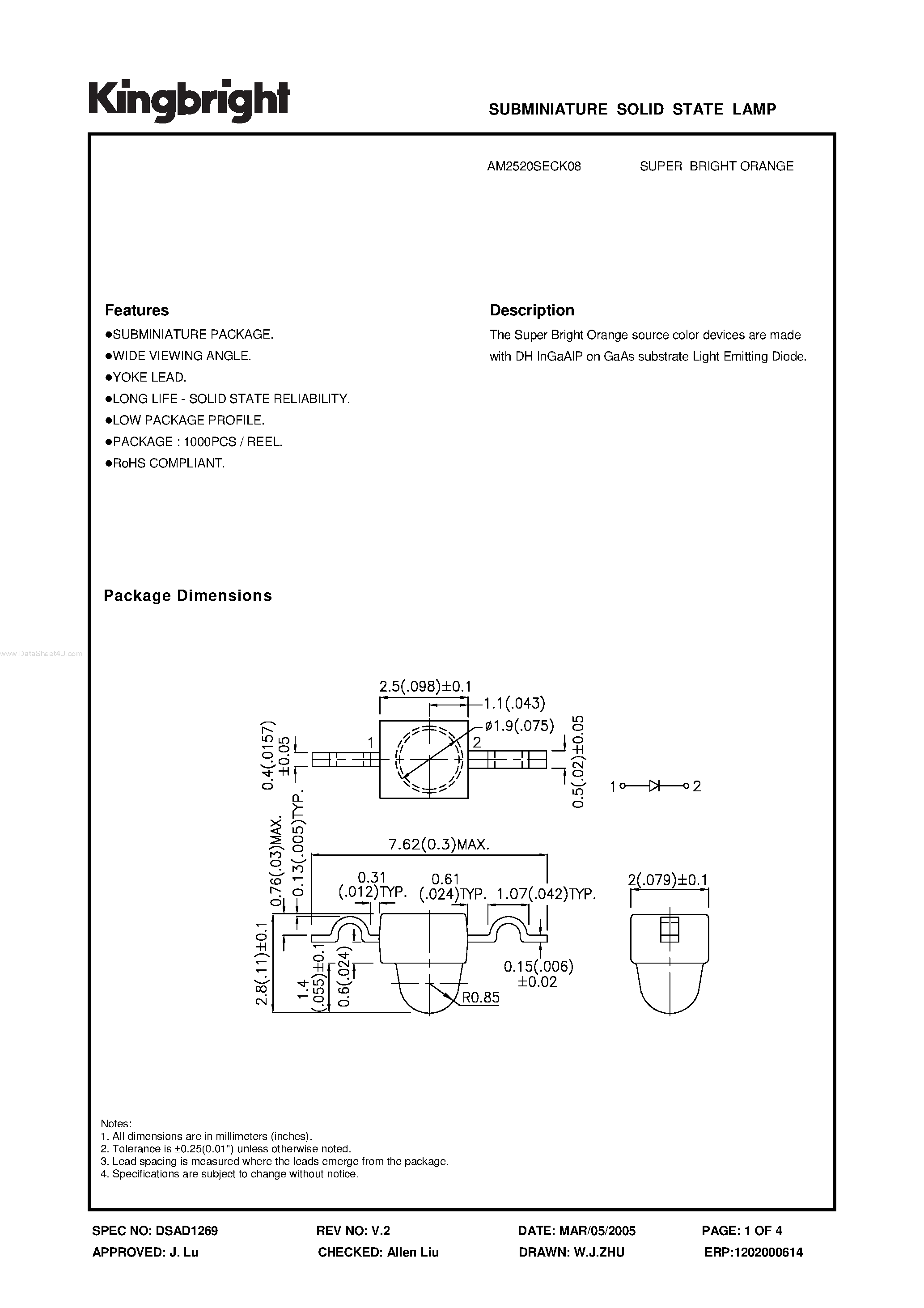 Datasheet AM2520SECK08 - SUBMINIATURE SOLID STATE LAMP page 1