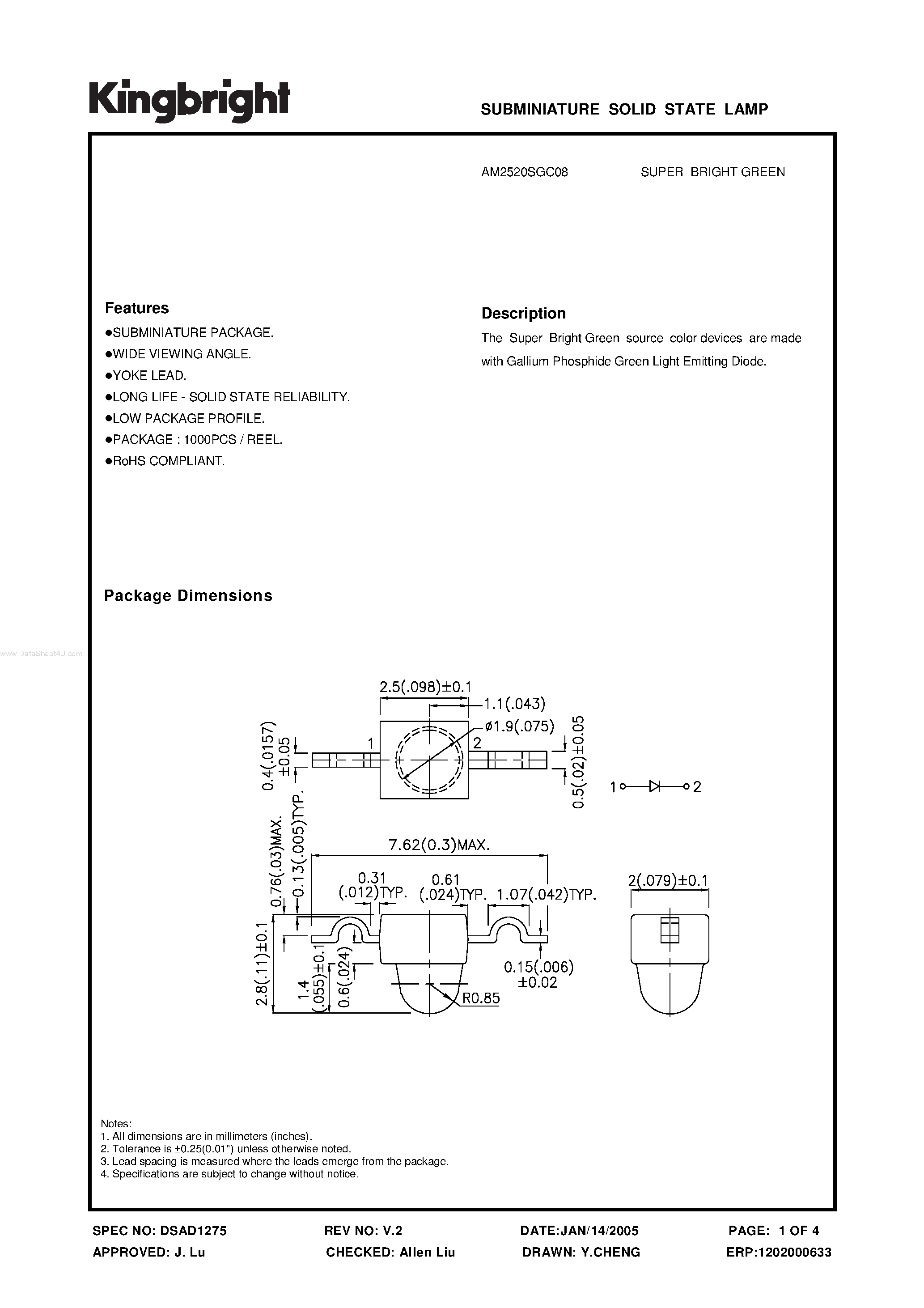 Datasheet AM2520SGC08 - SUBMINIATURE SOLID STATE LAMP page 1