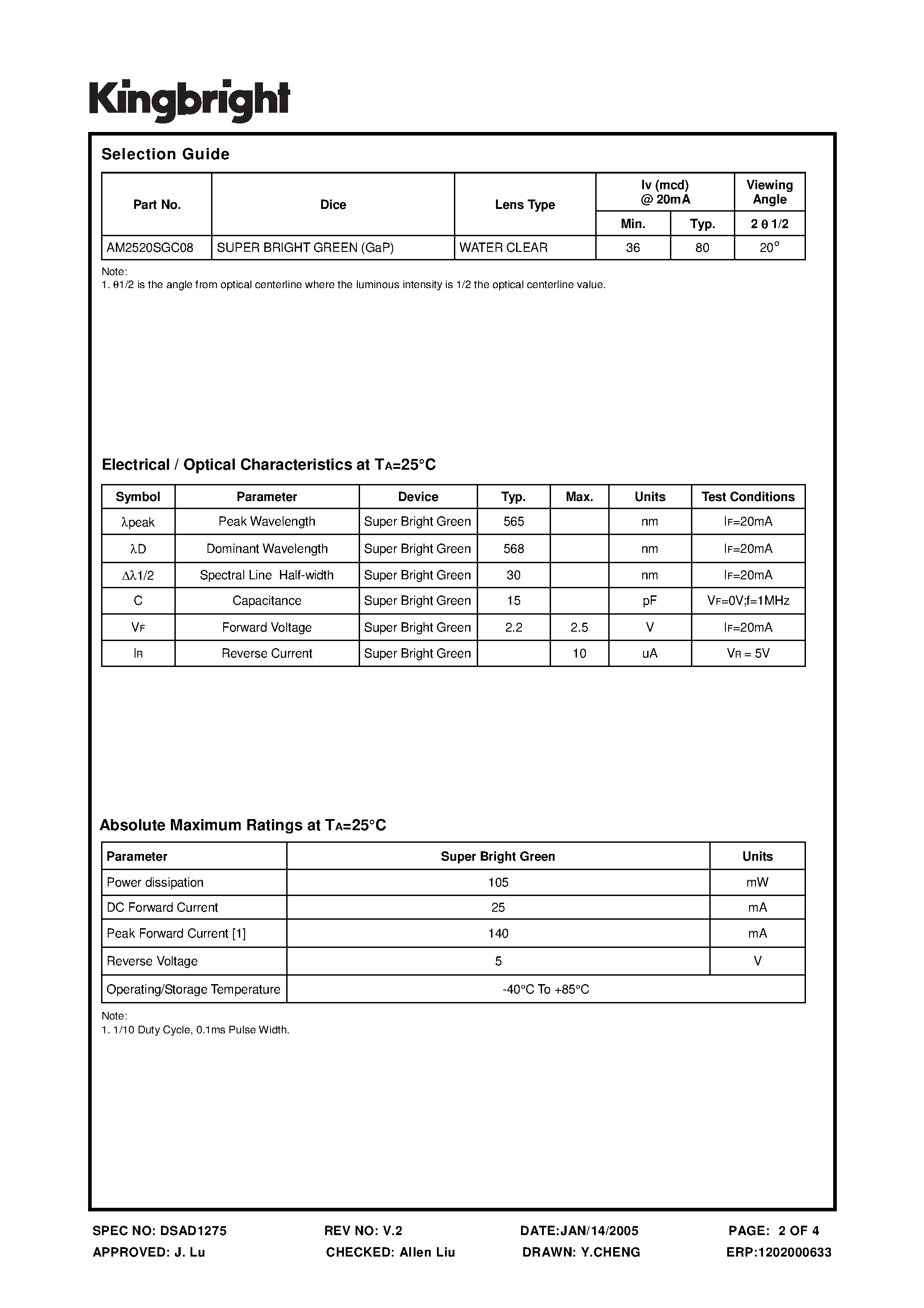 Datasheet AM2520SGC08 - SUBMINIATURE SOLID STATE LAMP page 2