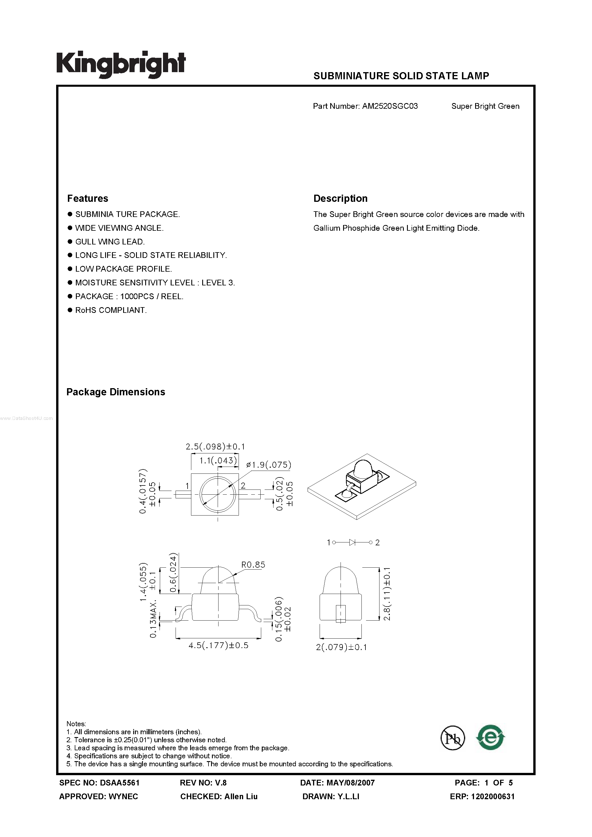 Datasheet AM2520SGC03 - SUBMINIATURE SOLID STATE LAMP page 1