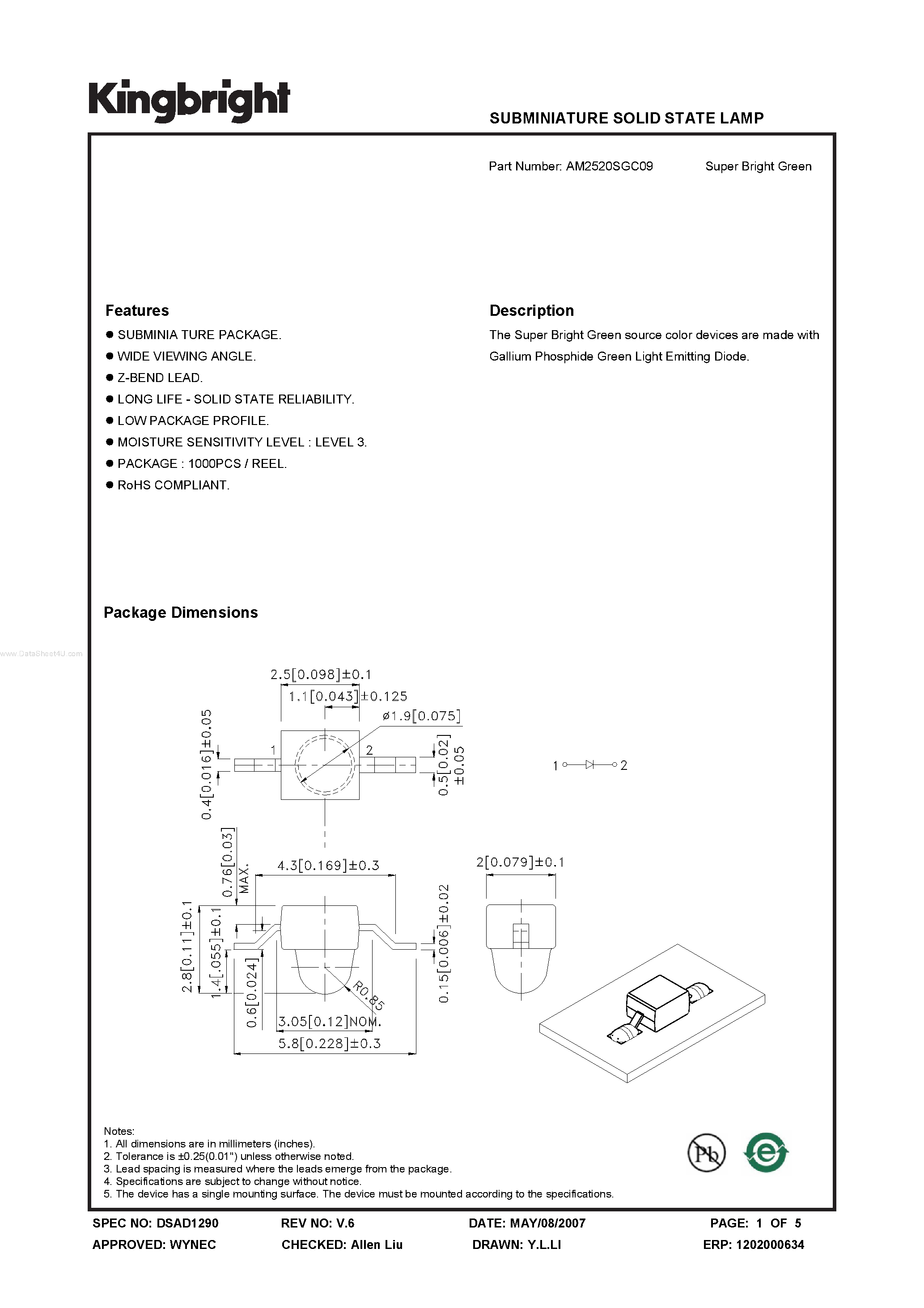 Datasheet AM2520SGC09 page 1 Datasheet AM2520SGC09 - SUBMINIATURE SOLID STATE LAMP page 1