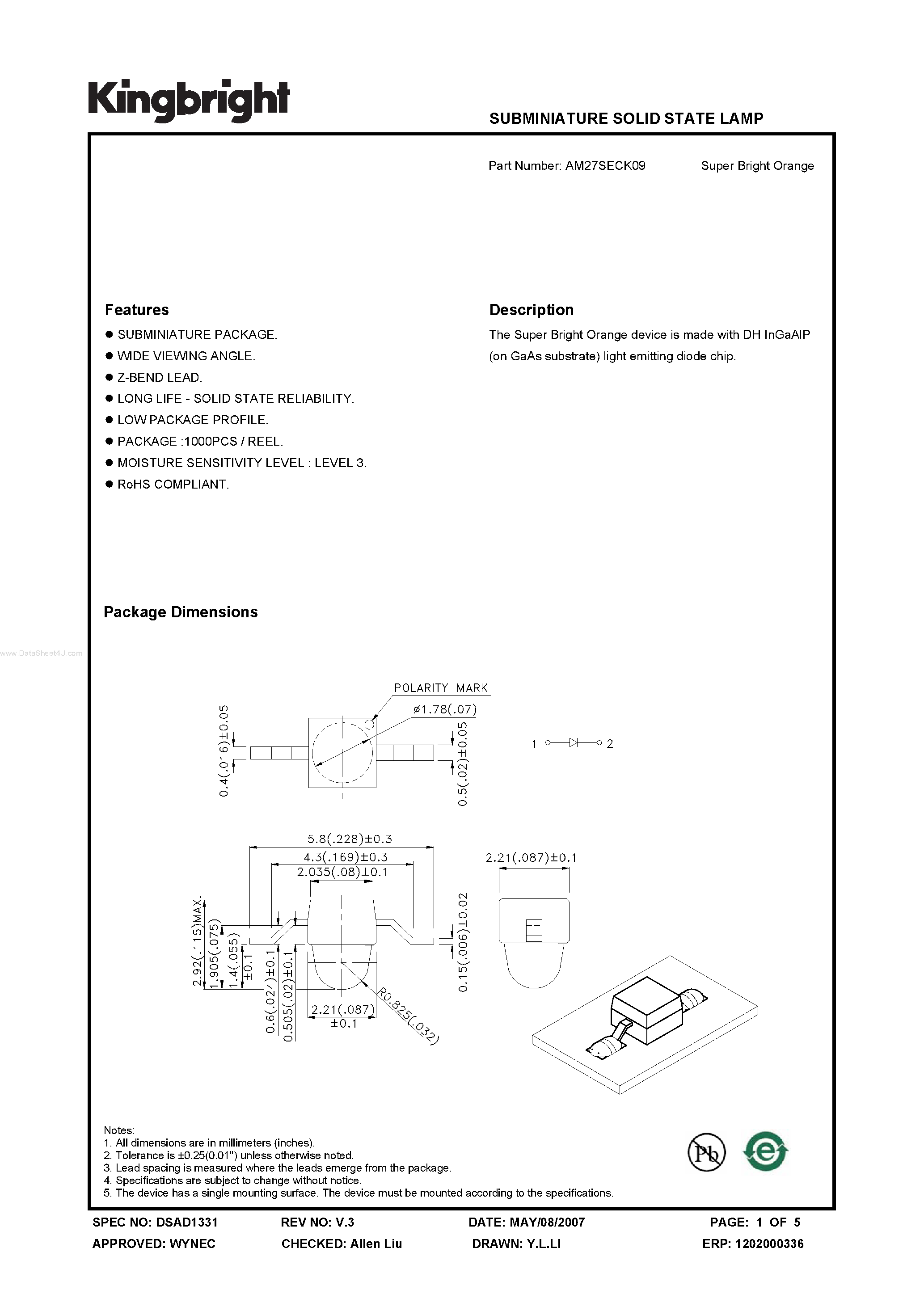 Datasheet AM27SECK09 - SUBMINIATURE SOLID STATE LAMP page 1