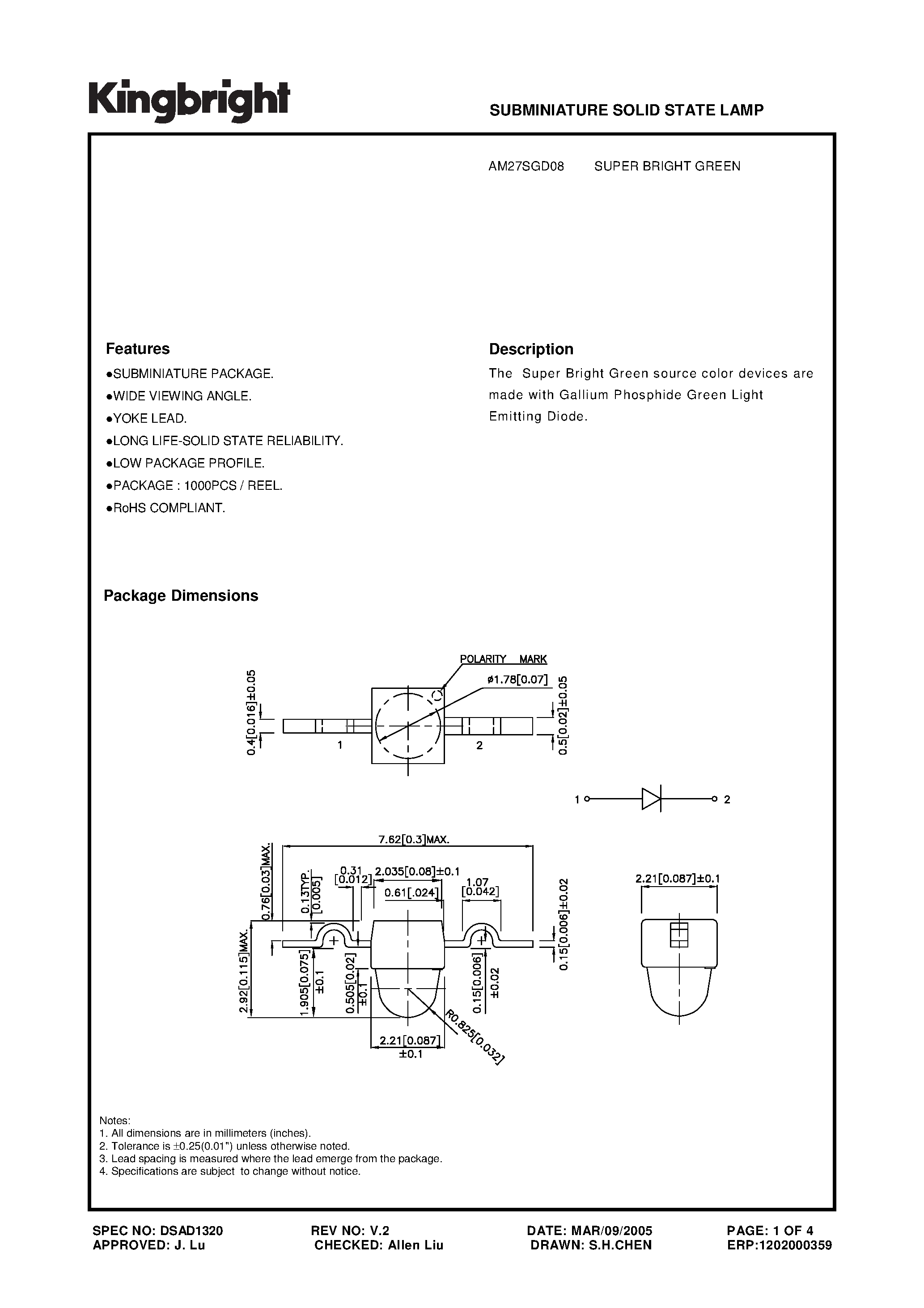 Datasheet AM27SGD08 - SUBMINIATURE SOLID STATE LAMP page 1