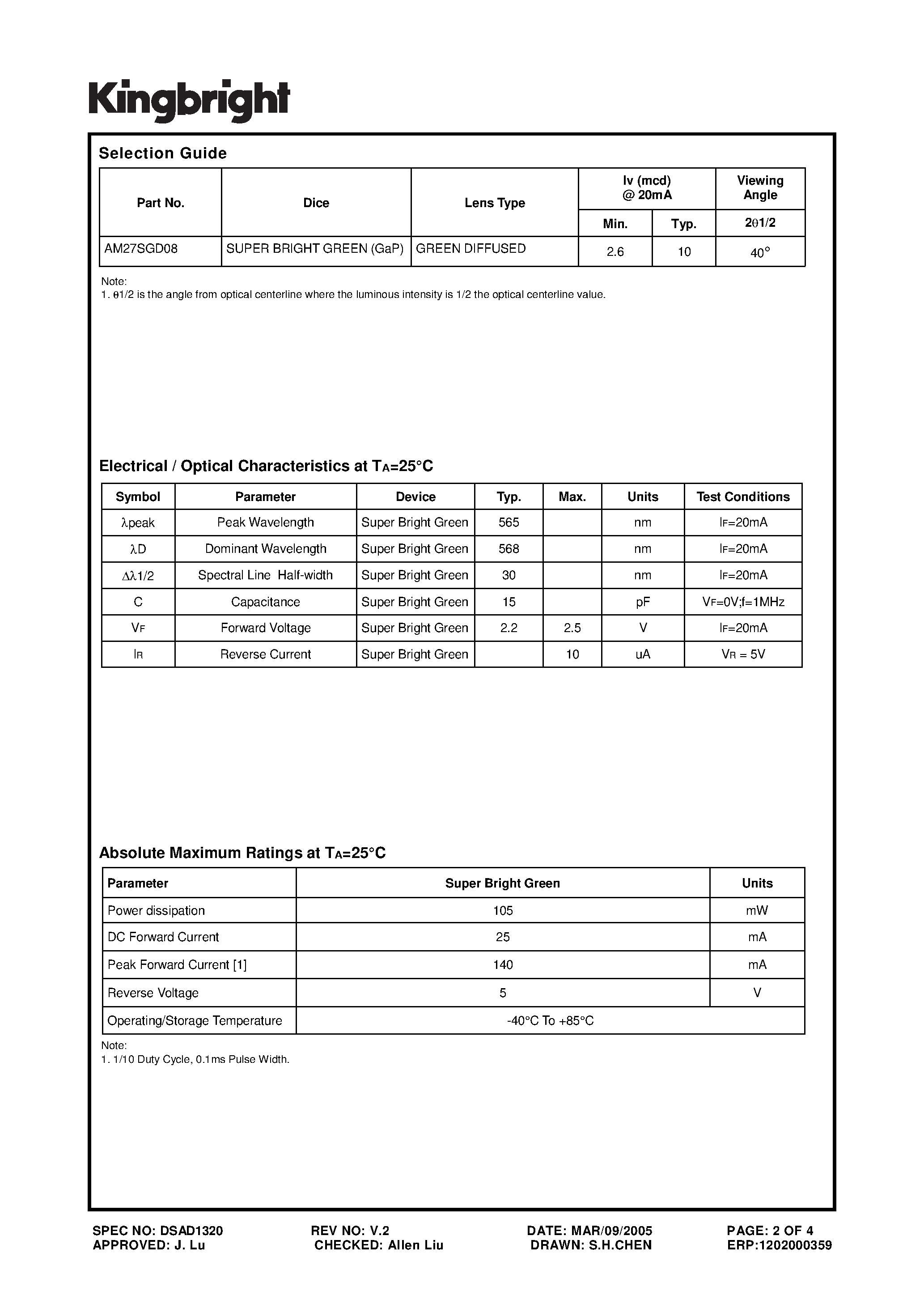 Datasheet AM27SGD08 - SUBMINIATURE SOLID STATE LAMP page 2