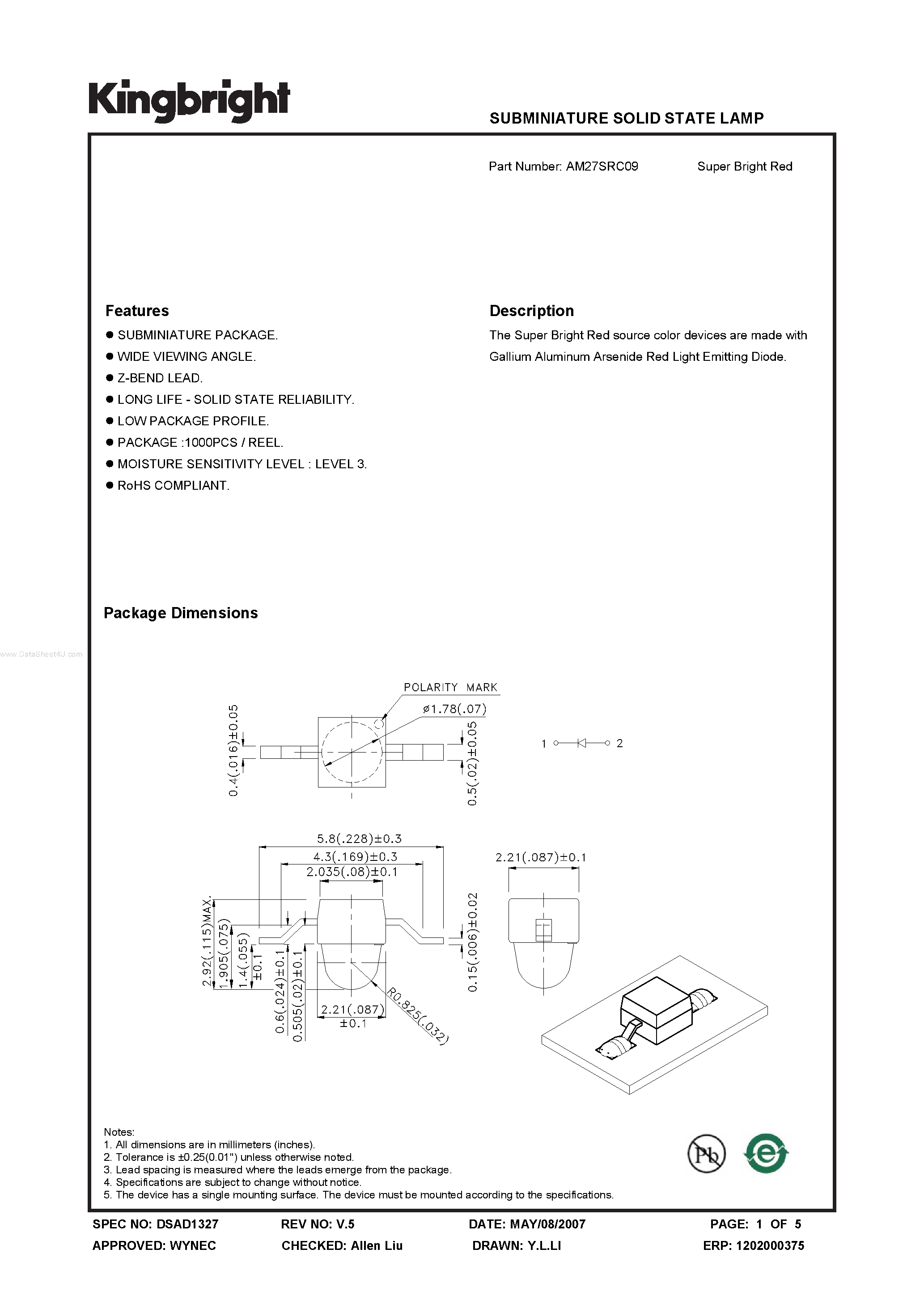 Datasheet AM27SRC09 - SUBMINIATURE SOLID STATE LAMP page 1
