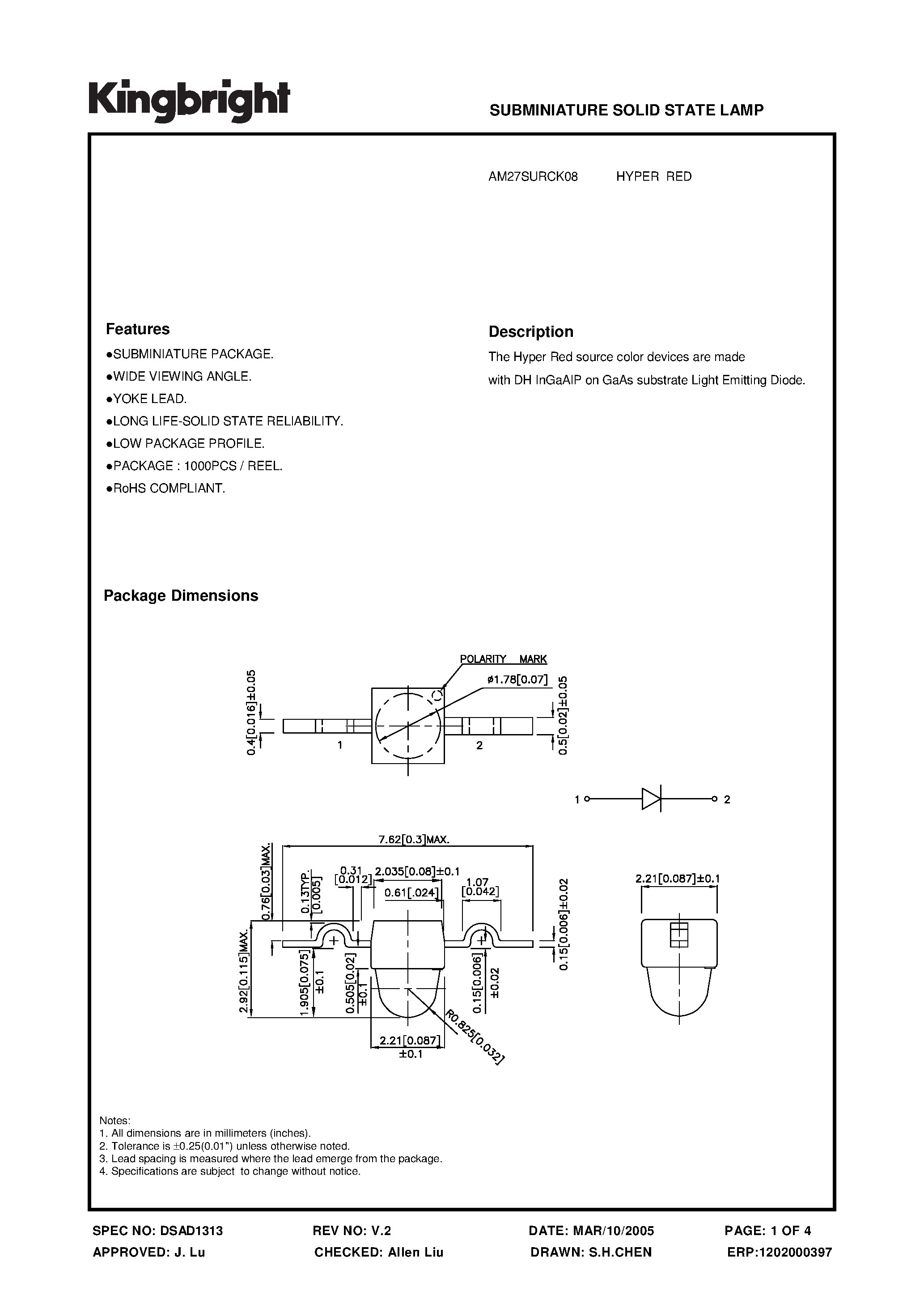 Datasheet AM27SURCK08 - SUBMINIATURE SOLID STATE LAMP page 1