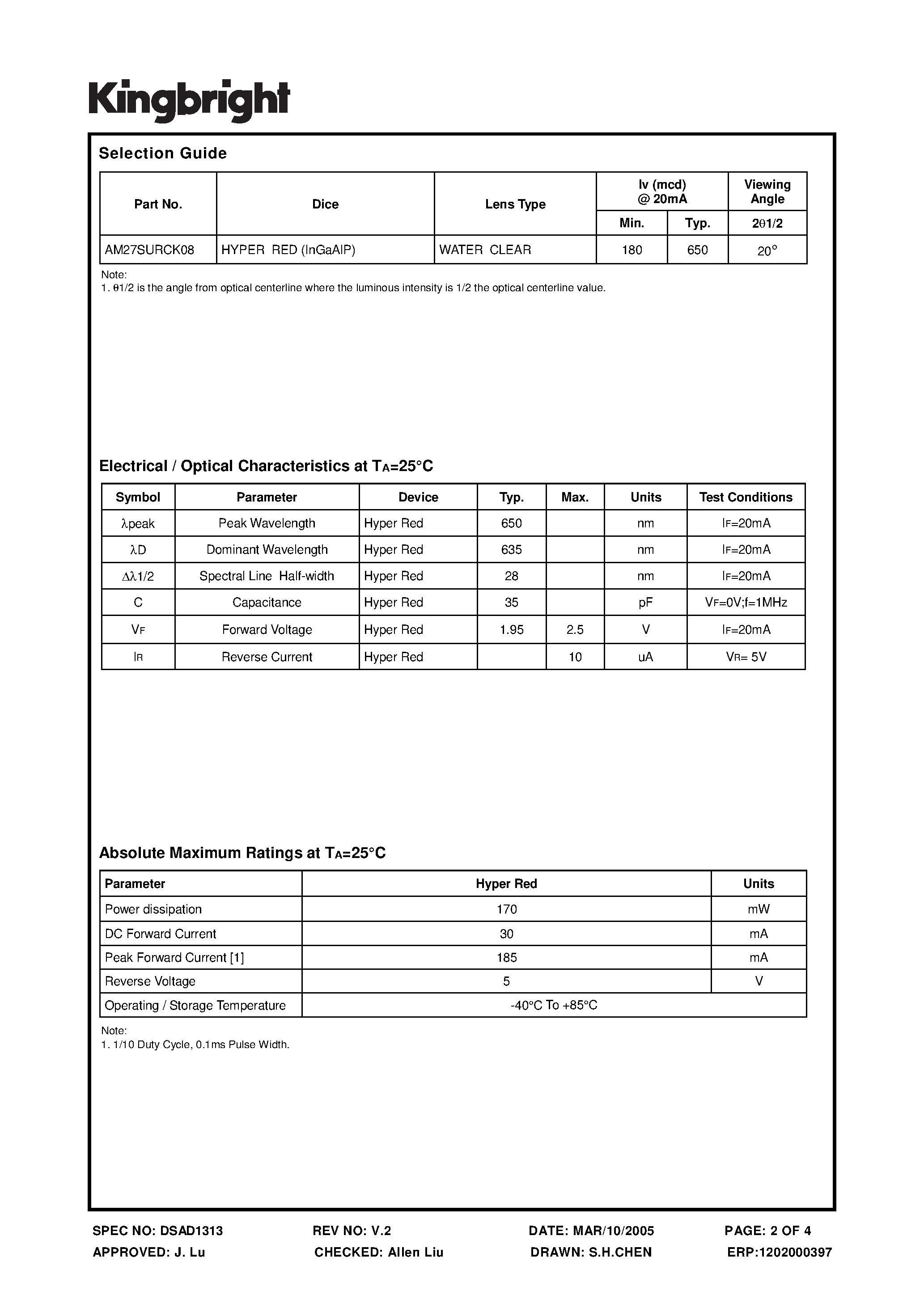 Datasheet AM27SURCK08 - SUBMINIATURE SOLID STATE LAMP page 2