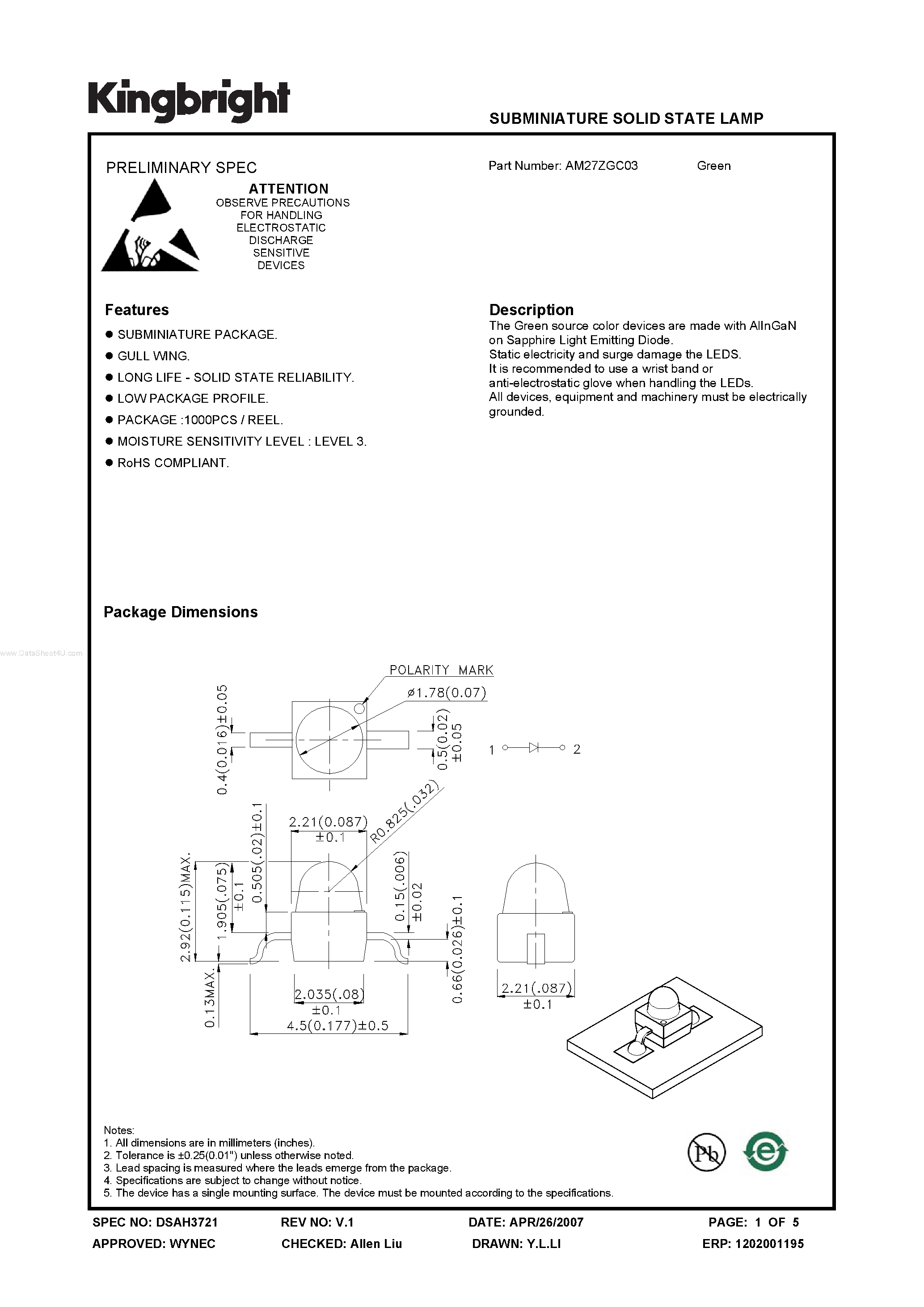 Datasheet AM27ZGC03 - SUBMINIATURE SOLID STATE LAMP page 1