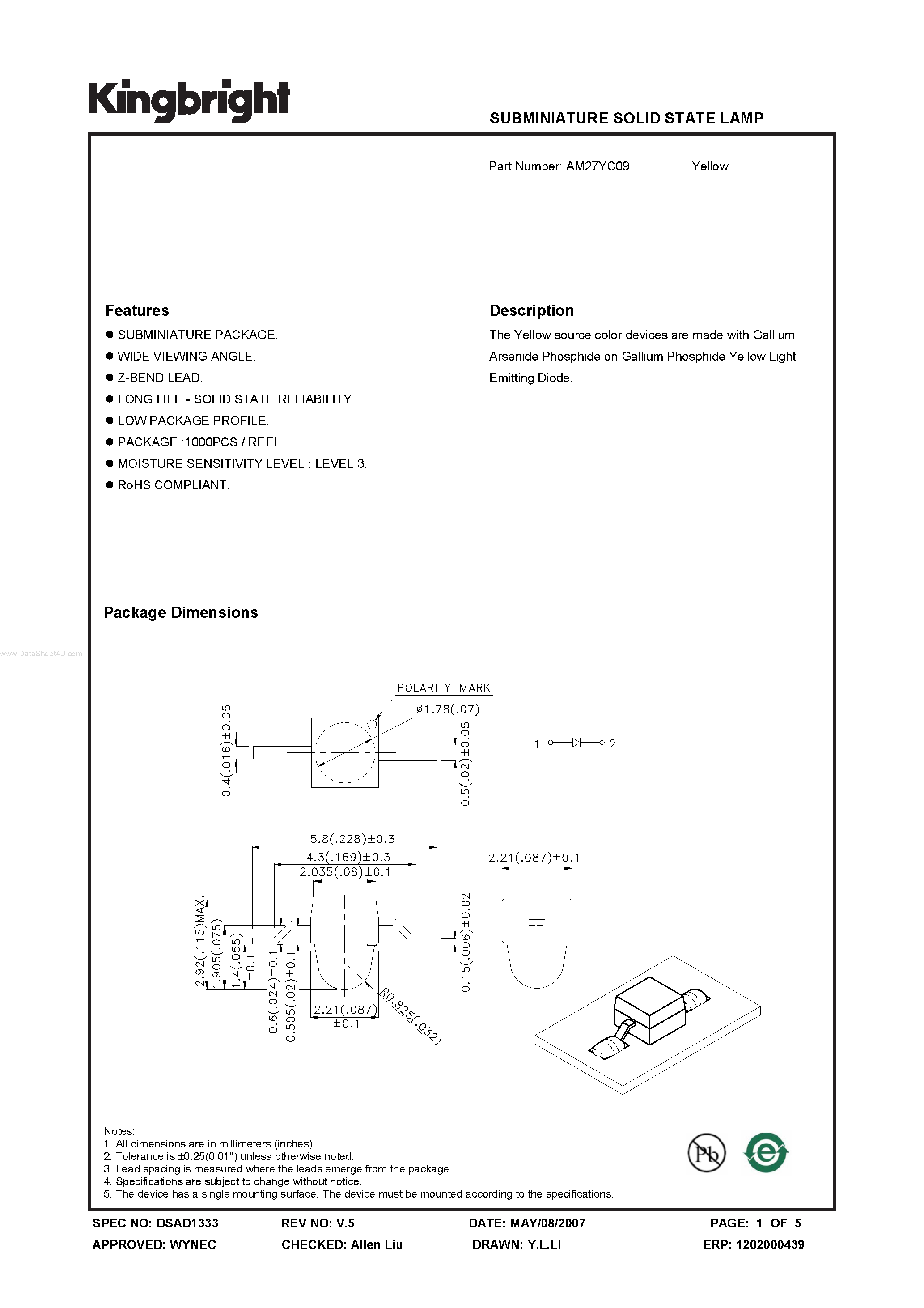 Datasheet AM27YC09 - SUBMINIATURE SOLID STATE LAMP page 1