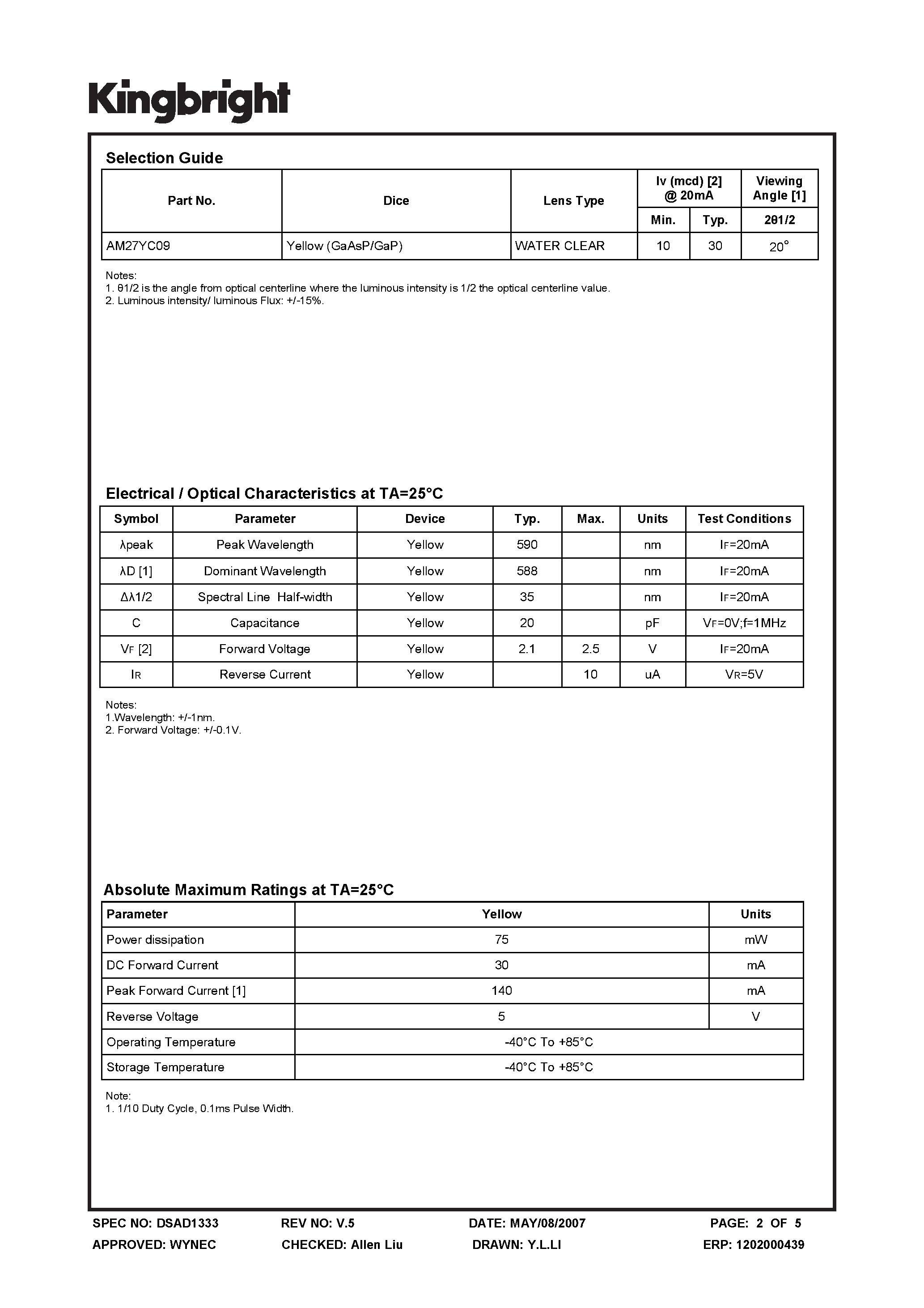 Datasheet AM27YC09 - SUBMINIATURE SOLID STATE LAMP page 2