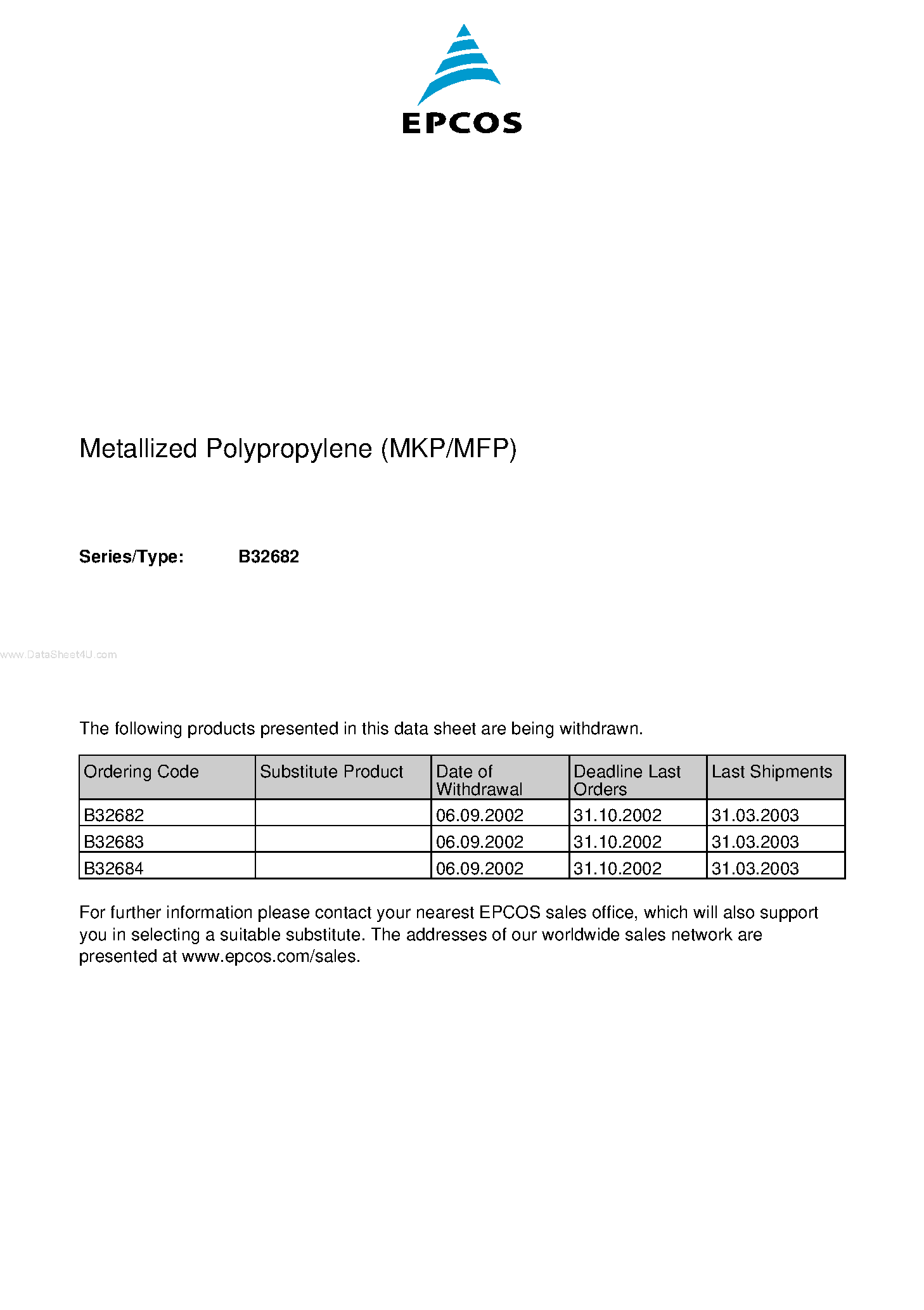Datasheet B32682 - (B32682 - B32684) Metallized Polypropylene Film Capacitors page 1
