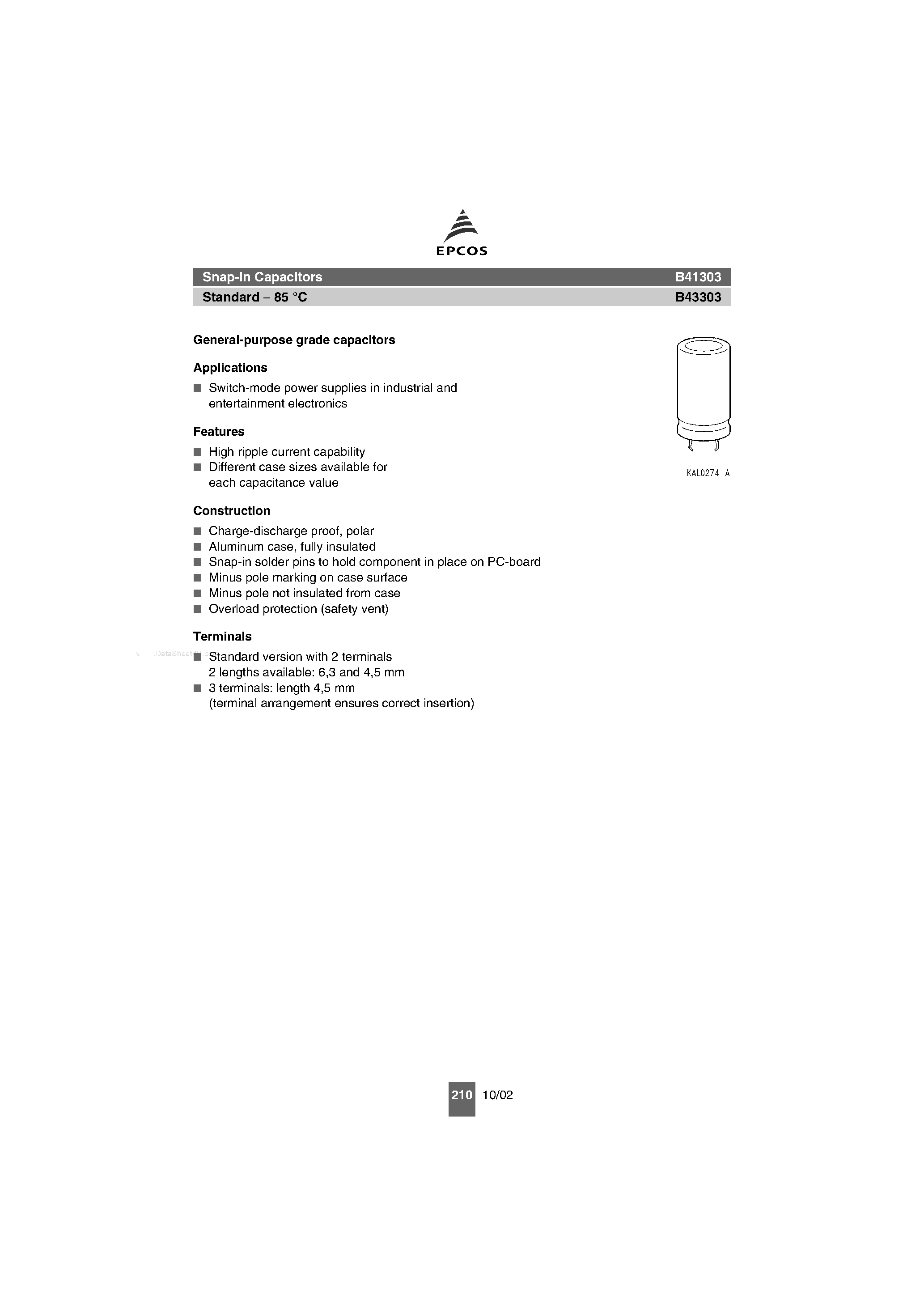 Datasheet B41303 - Snap-In Capacitors page 1