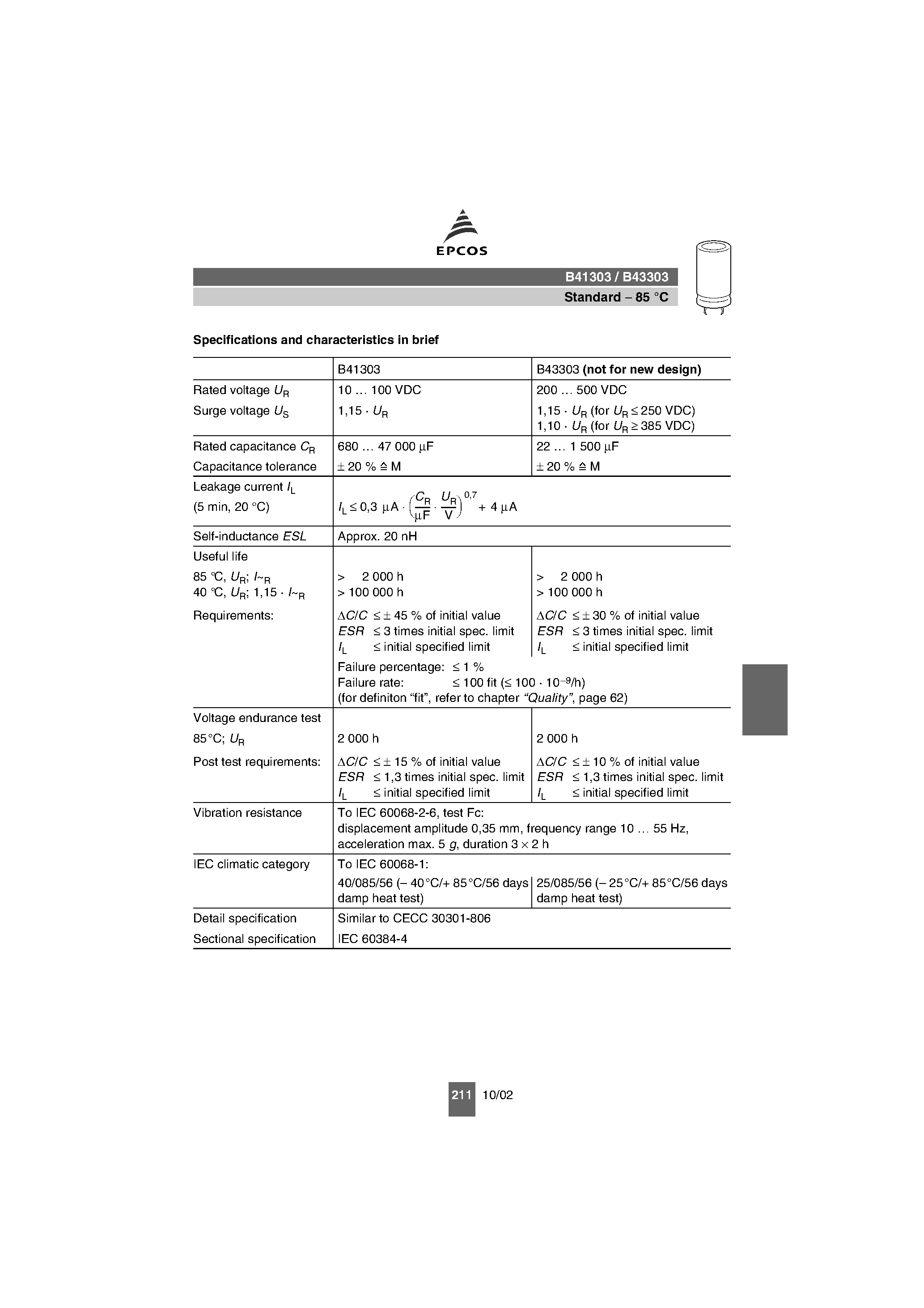 Datasheet B41303 - Snap-In Capacitors page 2