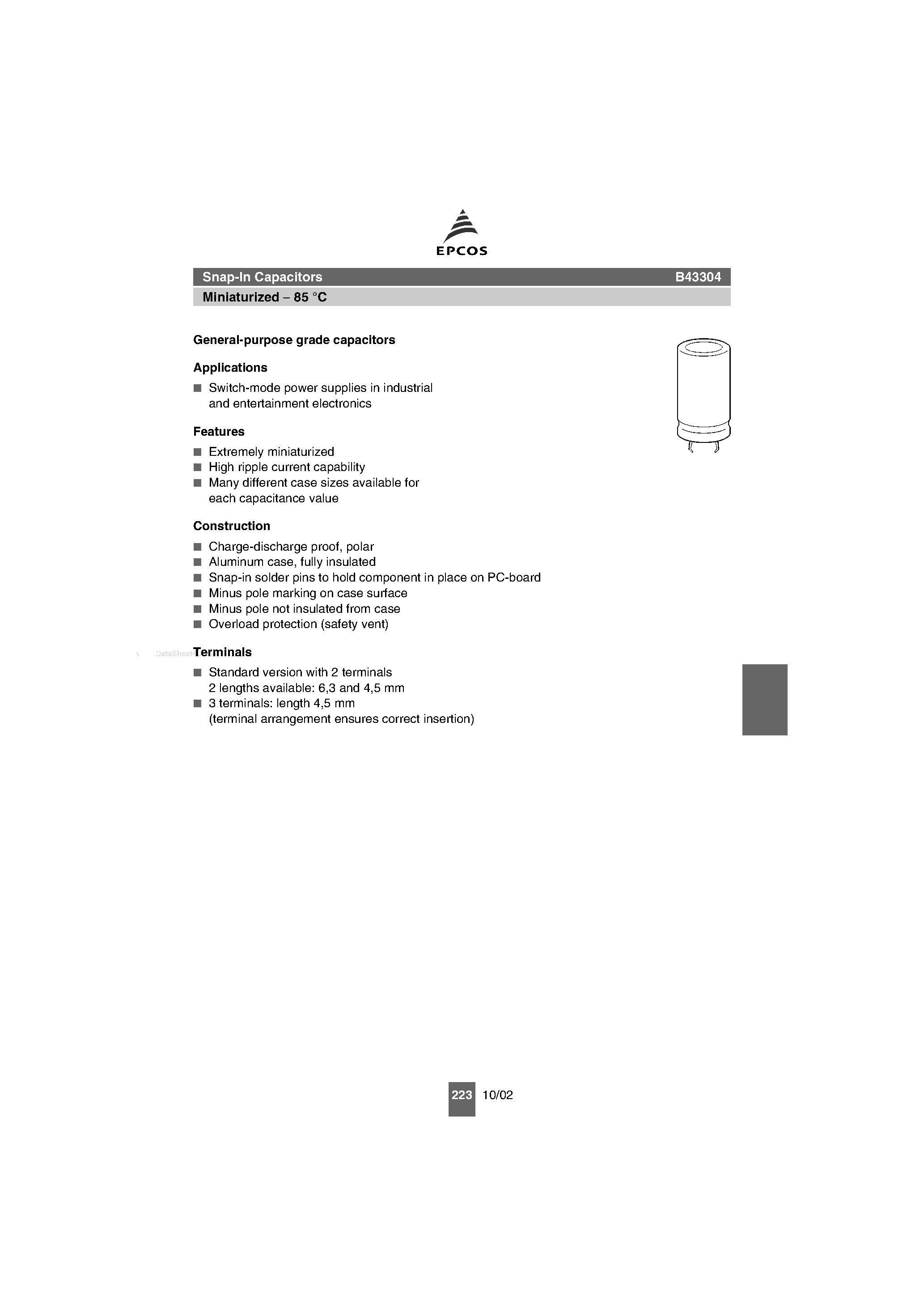 Datasheet B43304 - Snap-In Capacitors page 1