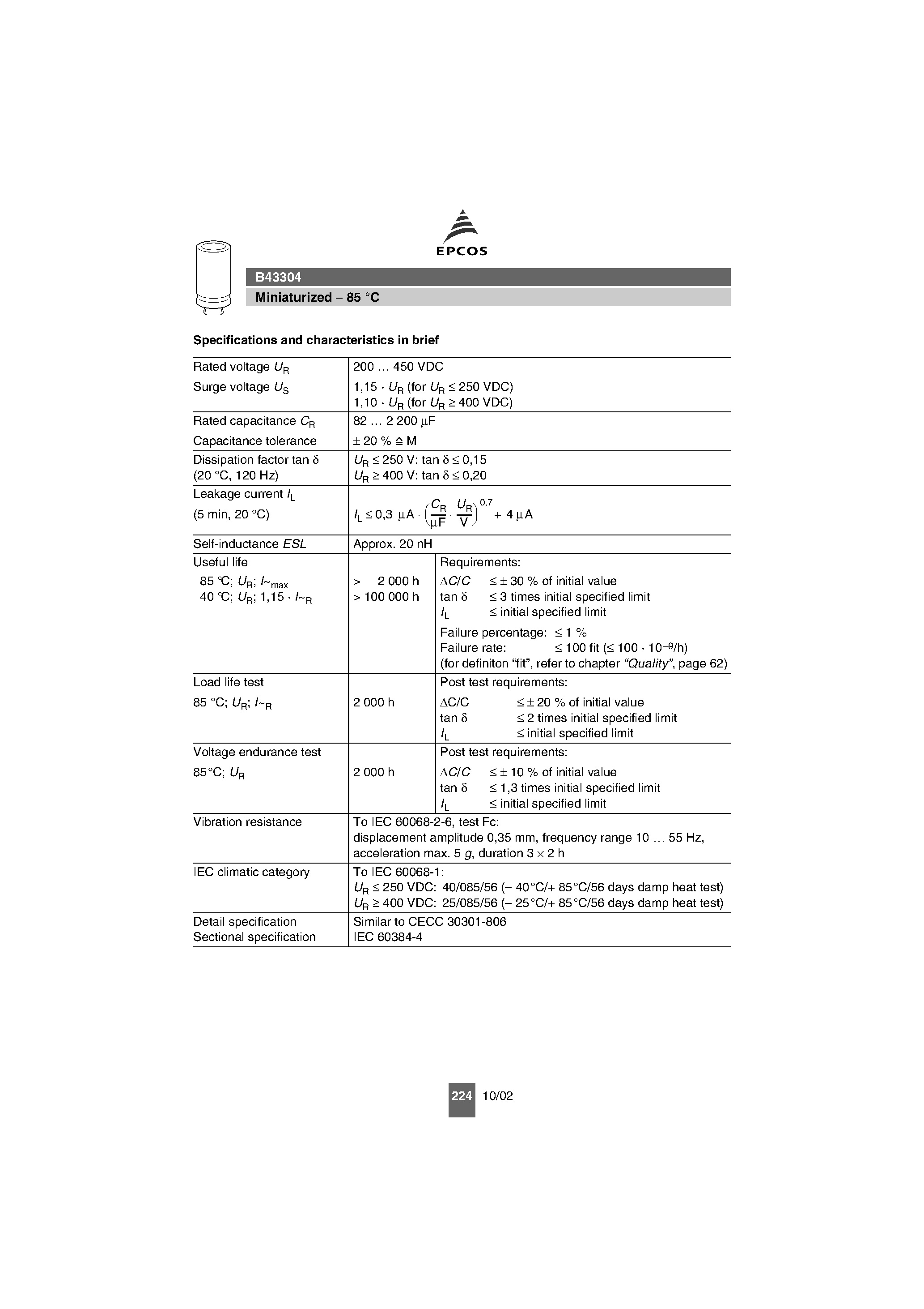 Datasheet B43304 - Snap-In Capacitors page 2
