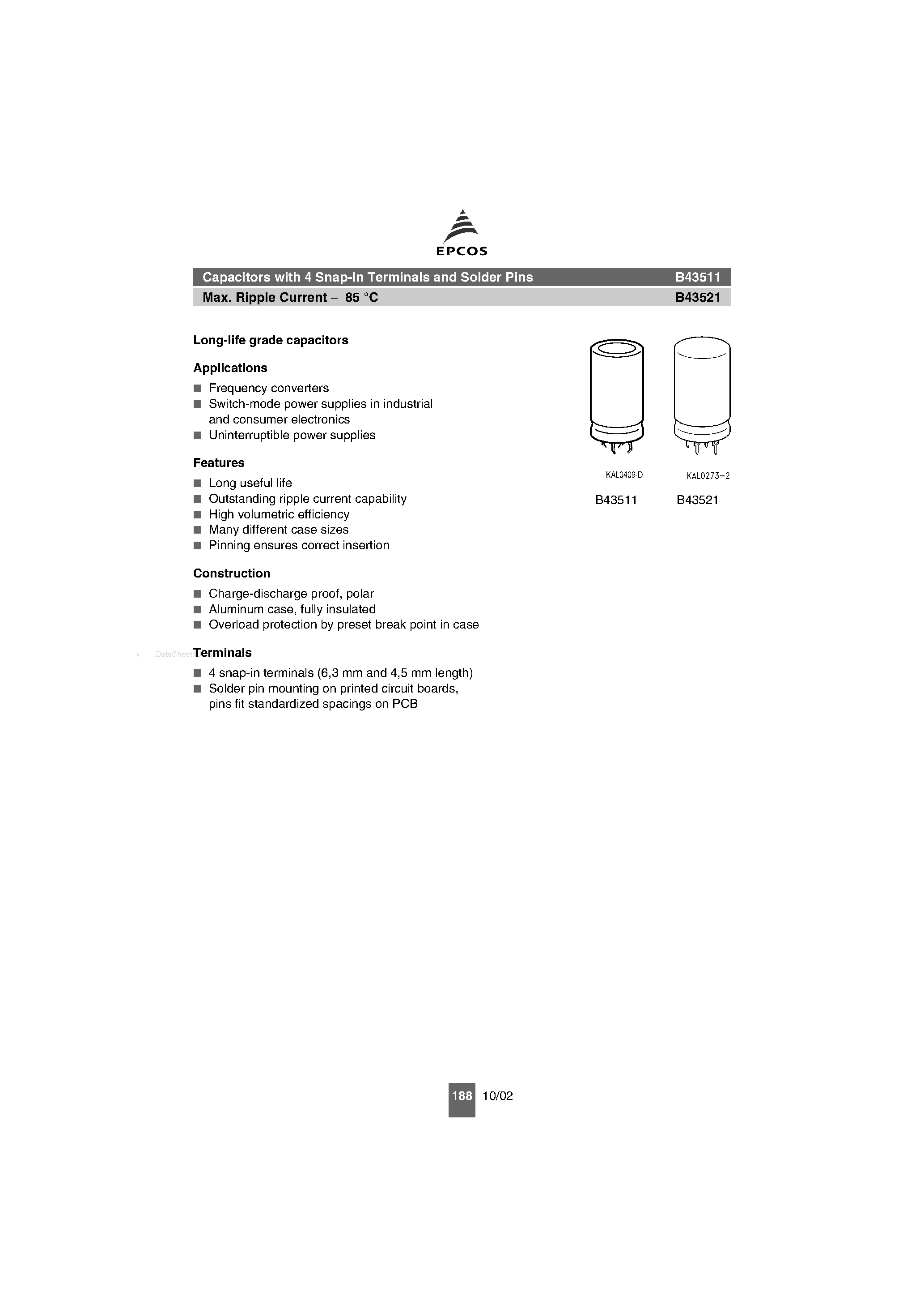 Datasheet B43511 - (B43511 / B43521) Capacitors page 1