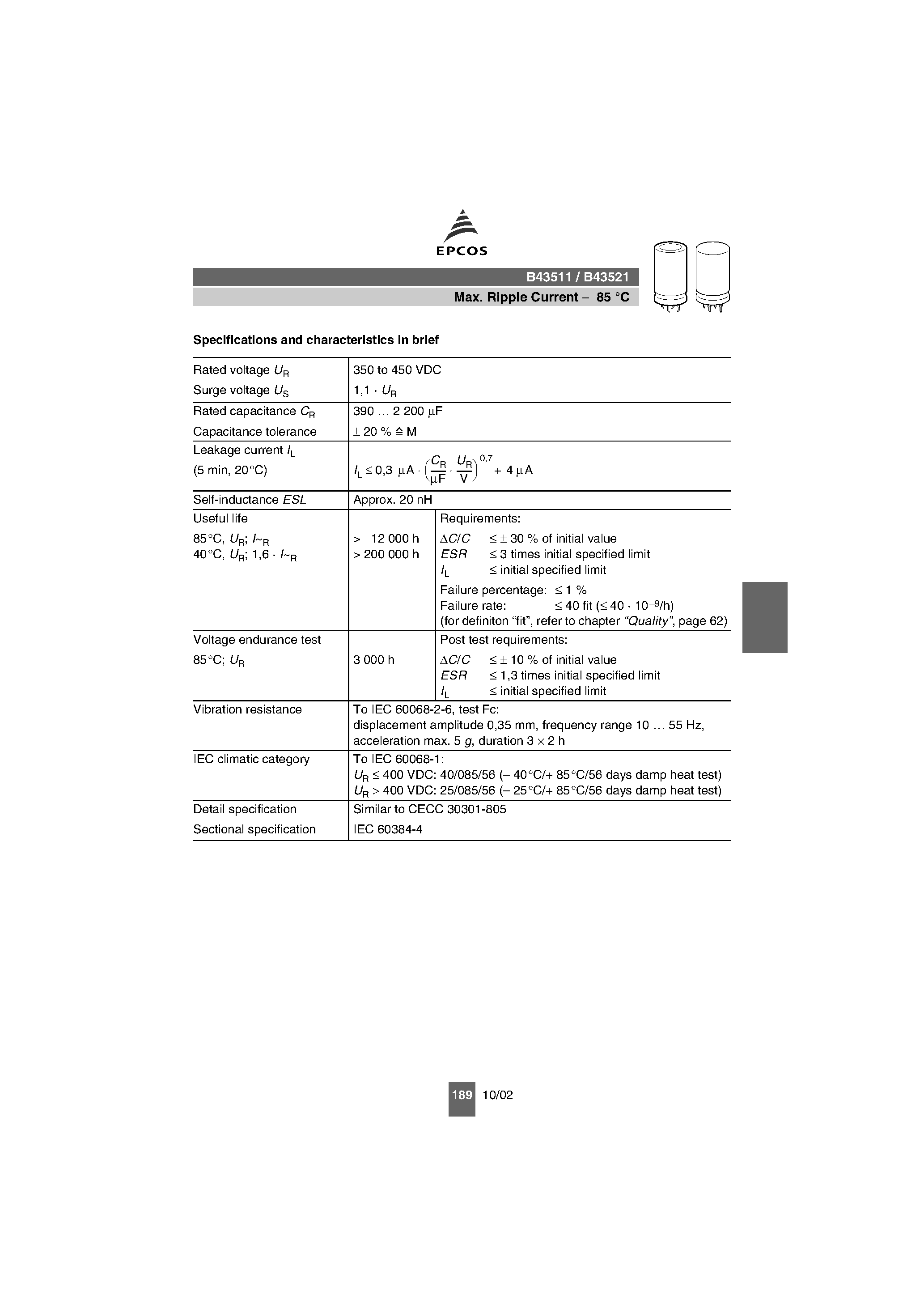 Datasheet B43511 - (B43511 / B43521) Capacitors page 2