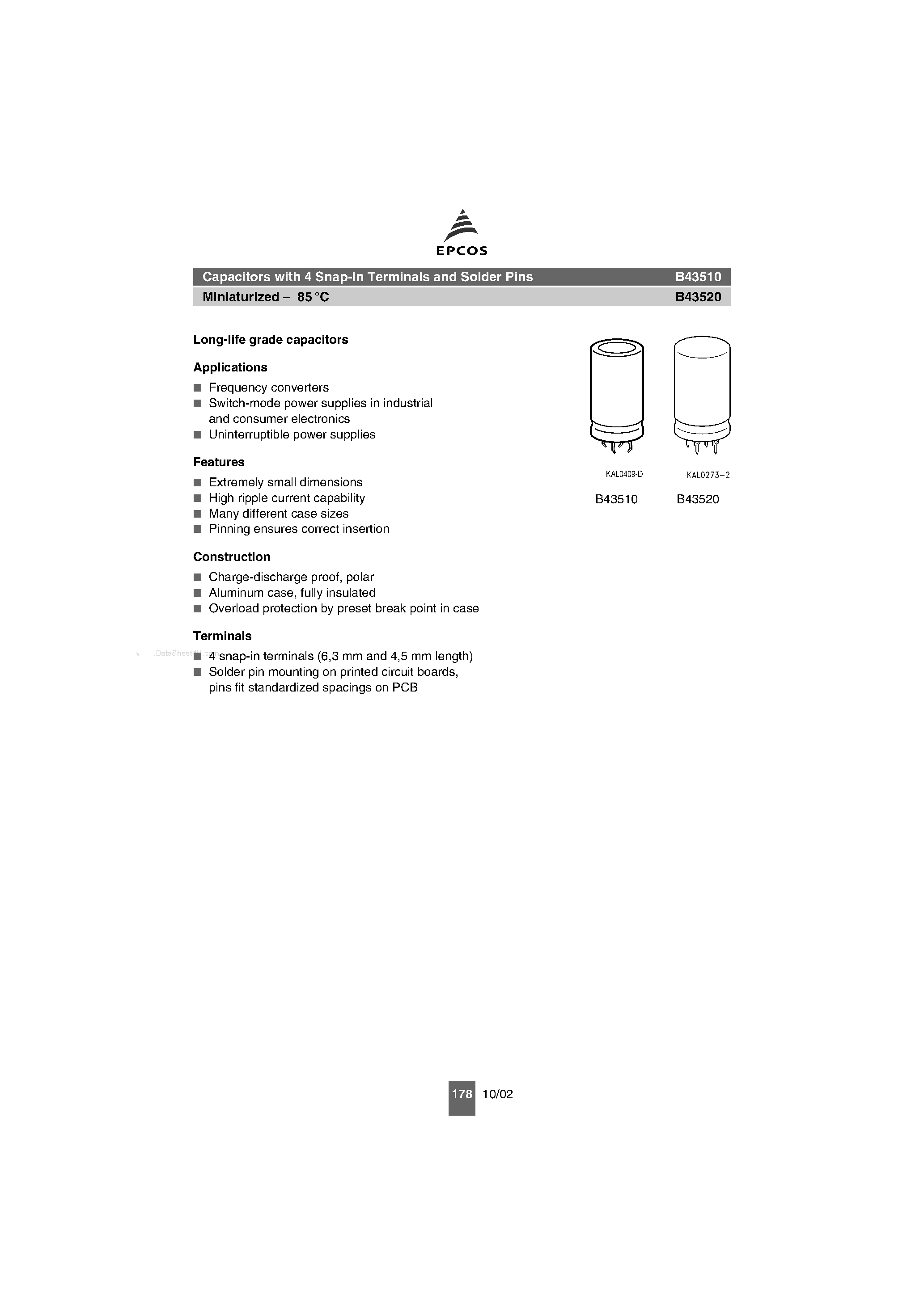 Datasheet B43510 - (B43510 / B43520) Capacitors page 1
