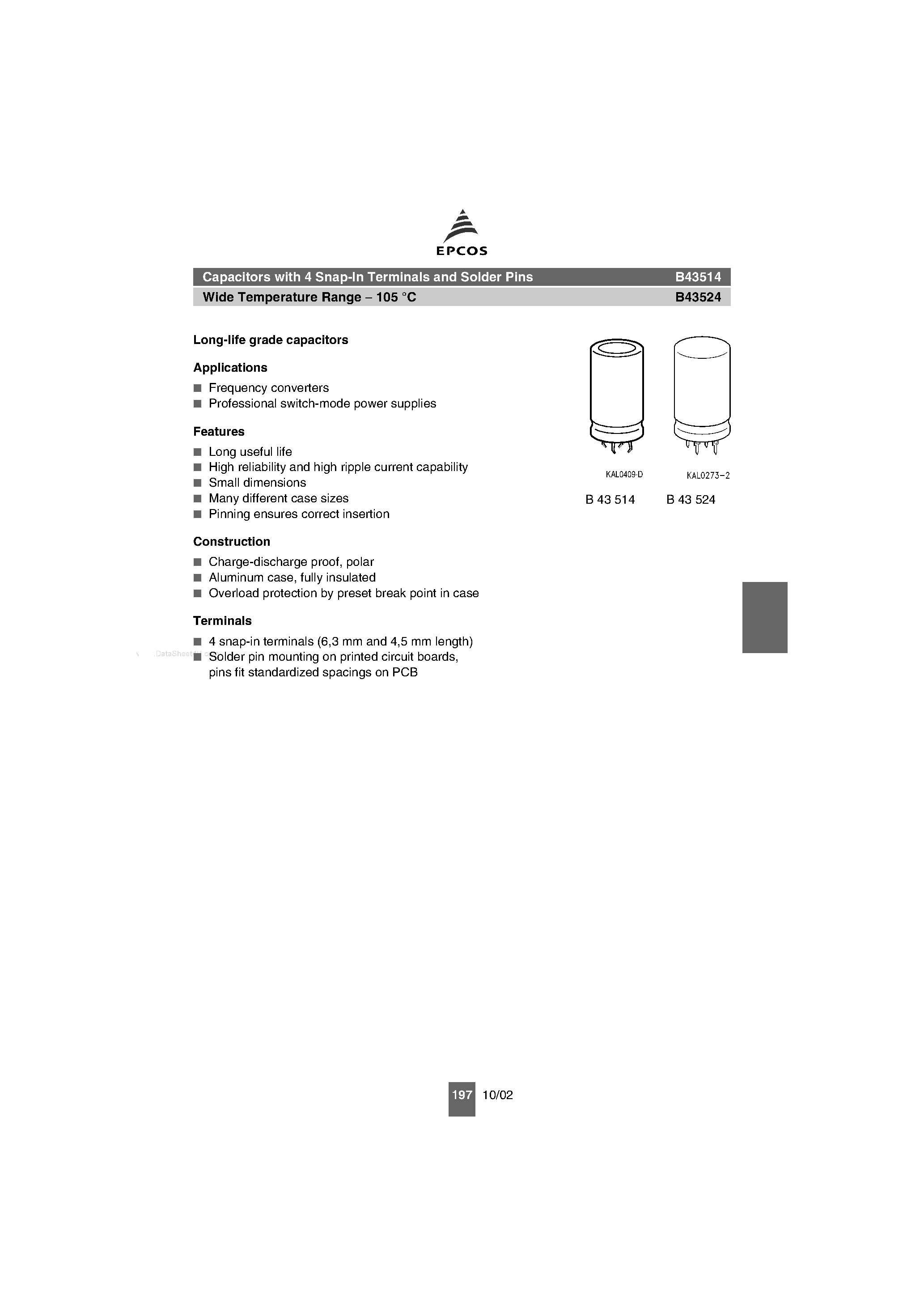 Datasheet B43514 - (B43514 / B43524) Capacitors page 1