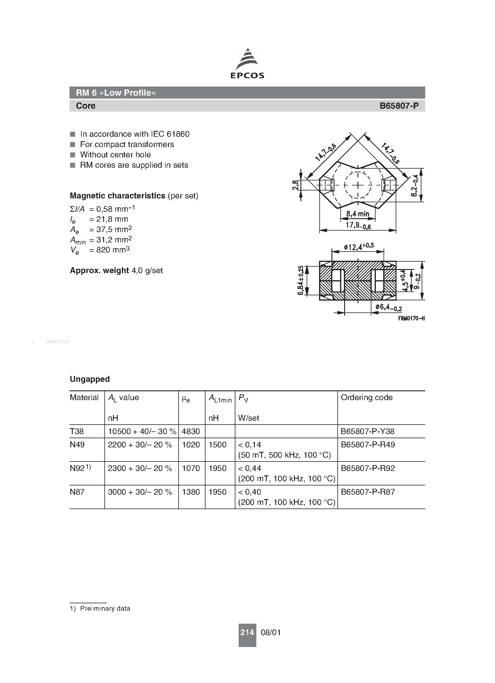 Даташит B65807-P - RM cores are supplied страница 1