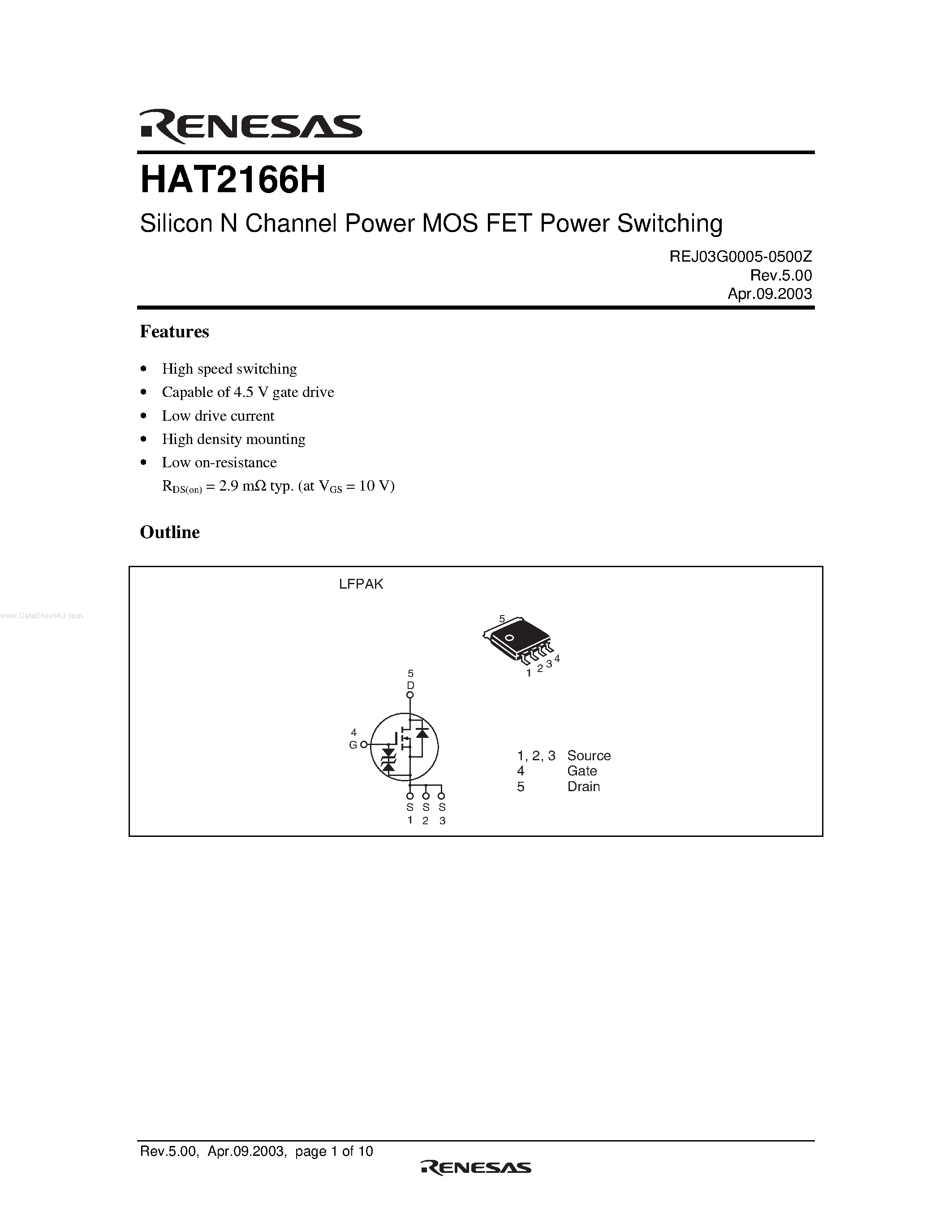 Datasheet HAT2166H - Silicon N Channel Power MOS FET Power Switching page 1