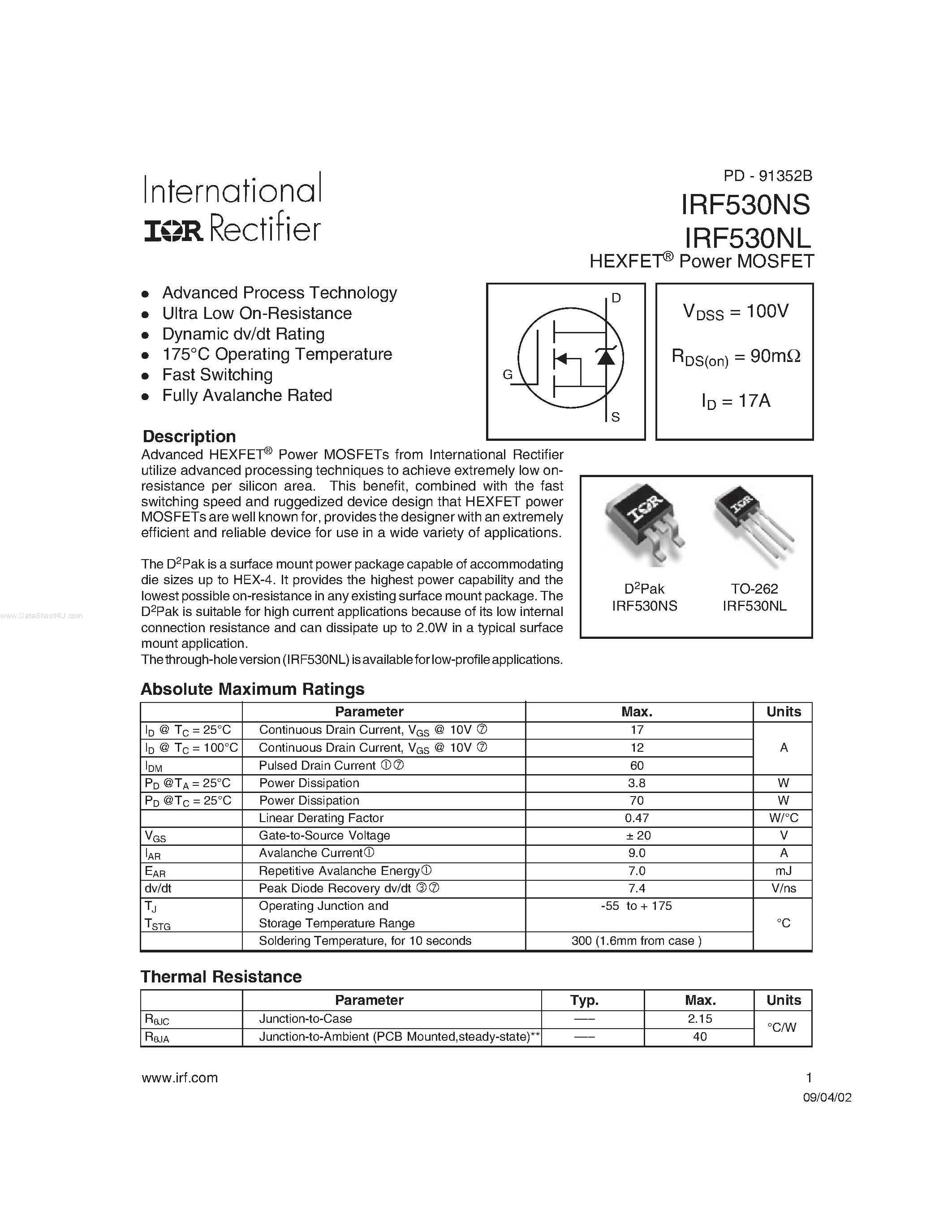 Datasheet IRF530NL - HEXFET Power MOSFET page 1
