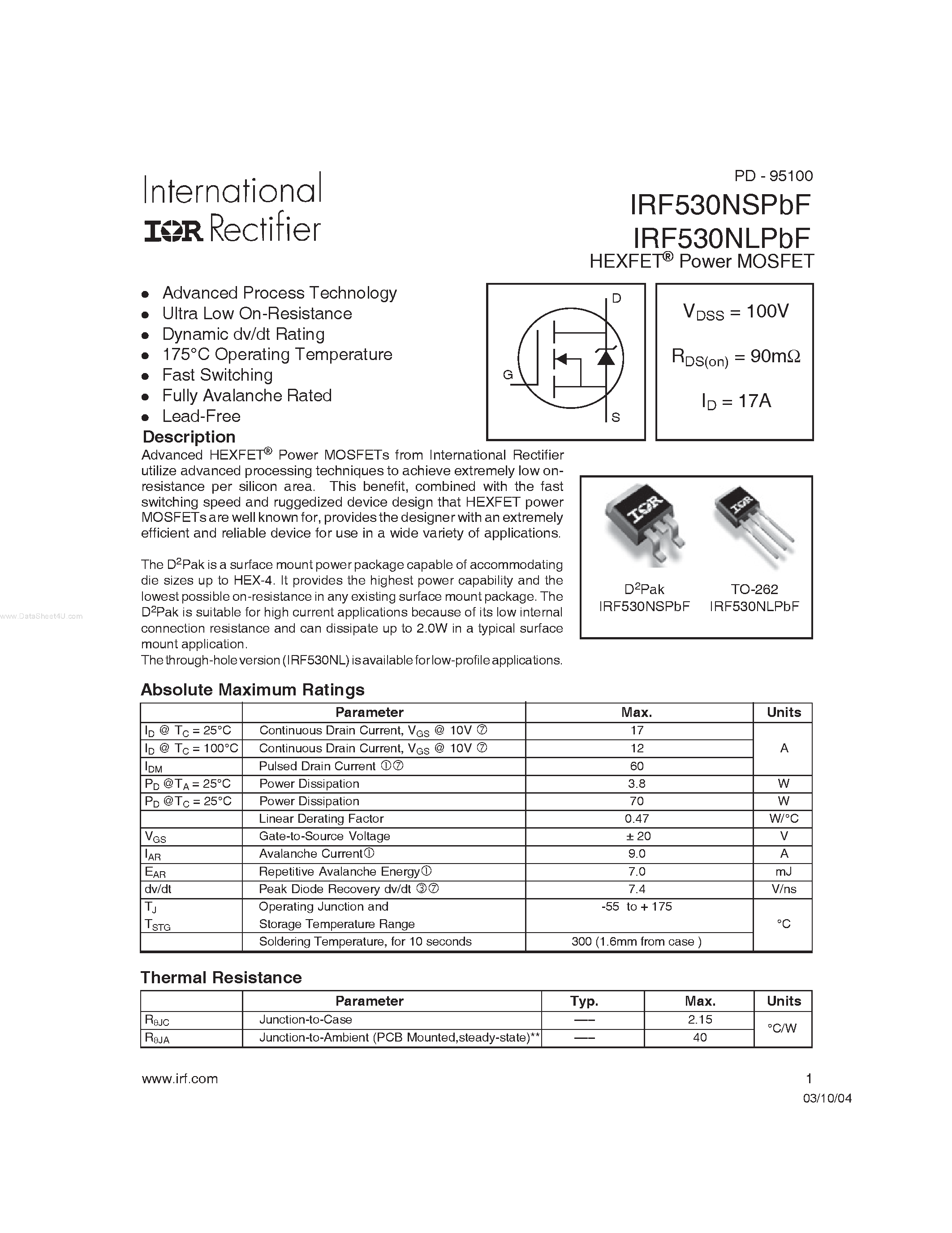 Datasheet IRF530NLPBF - HEXFET Power MOSFET page 1