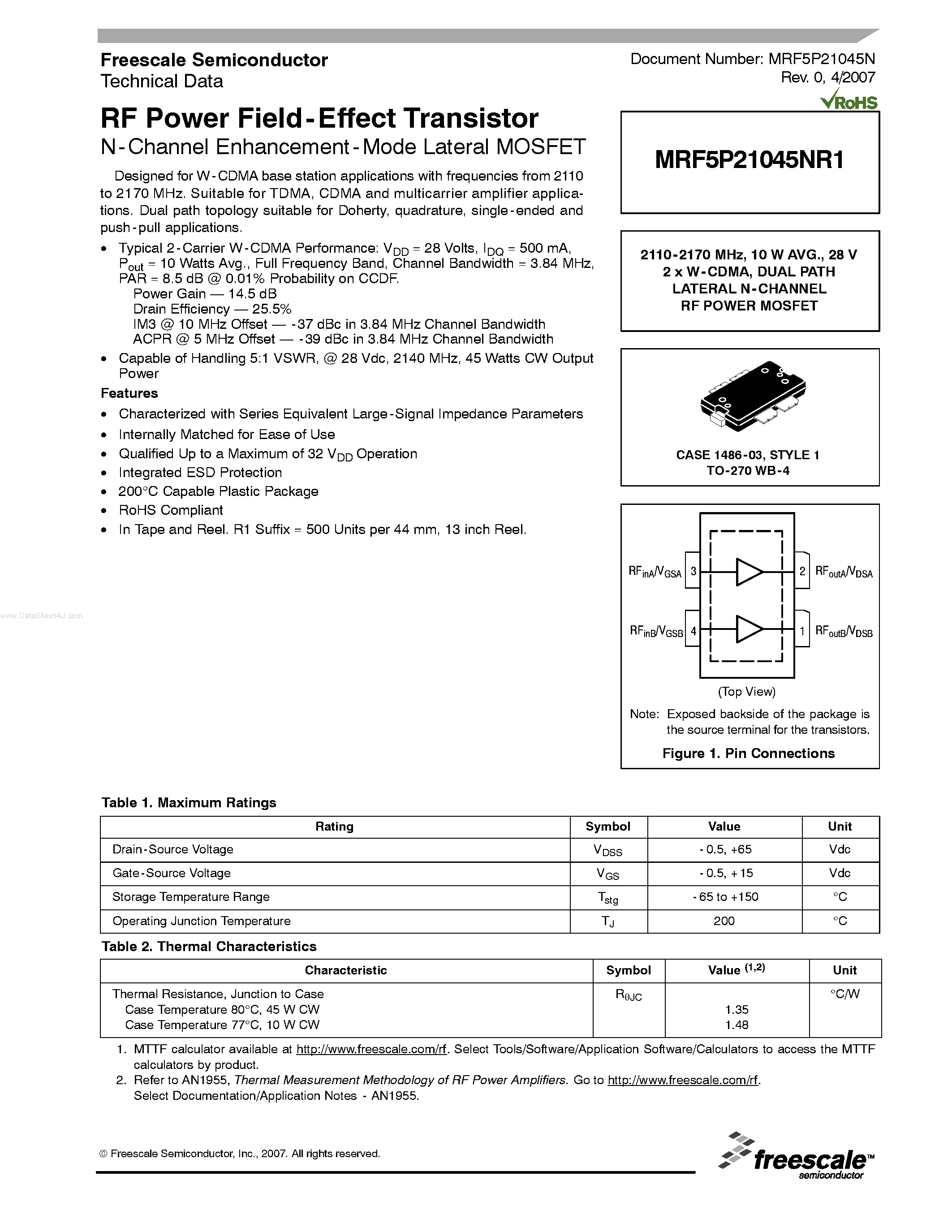 Datasheet MRF5P21045NR1 - RF Power Field-Effect Transistor N-Channel Enhancement-Mode Lateral MOSFET page 1