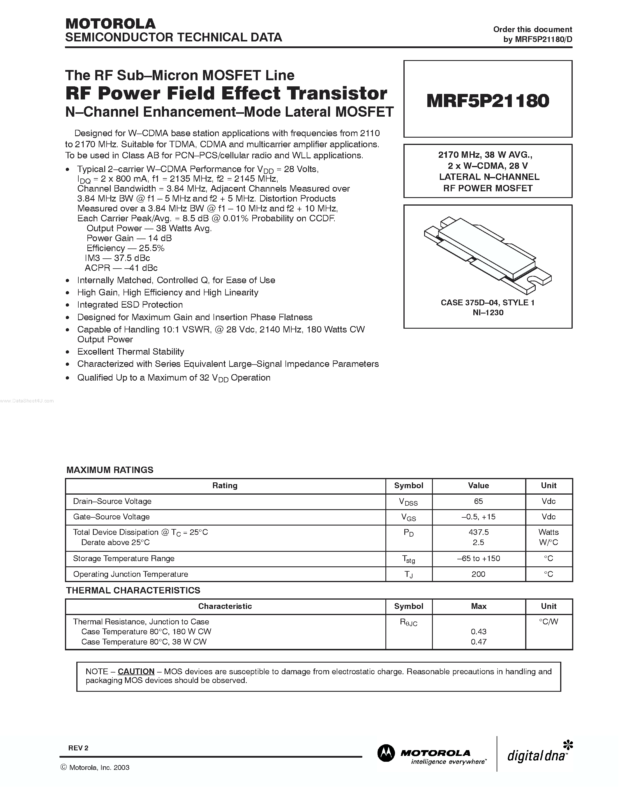 Datasheet MRF5P21180 - N-Channel Enhancement-Mode Lateral MOSFET page 1