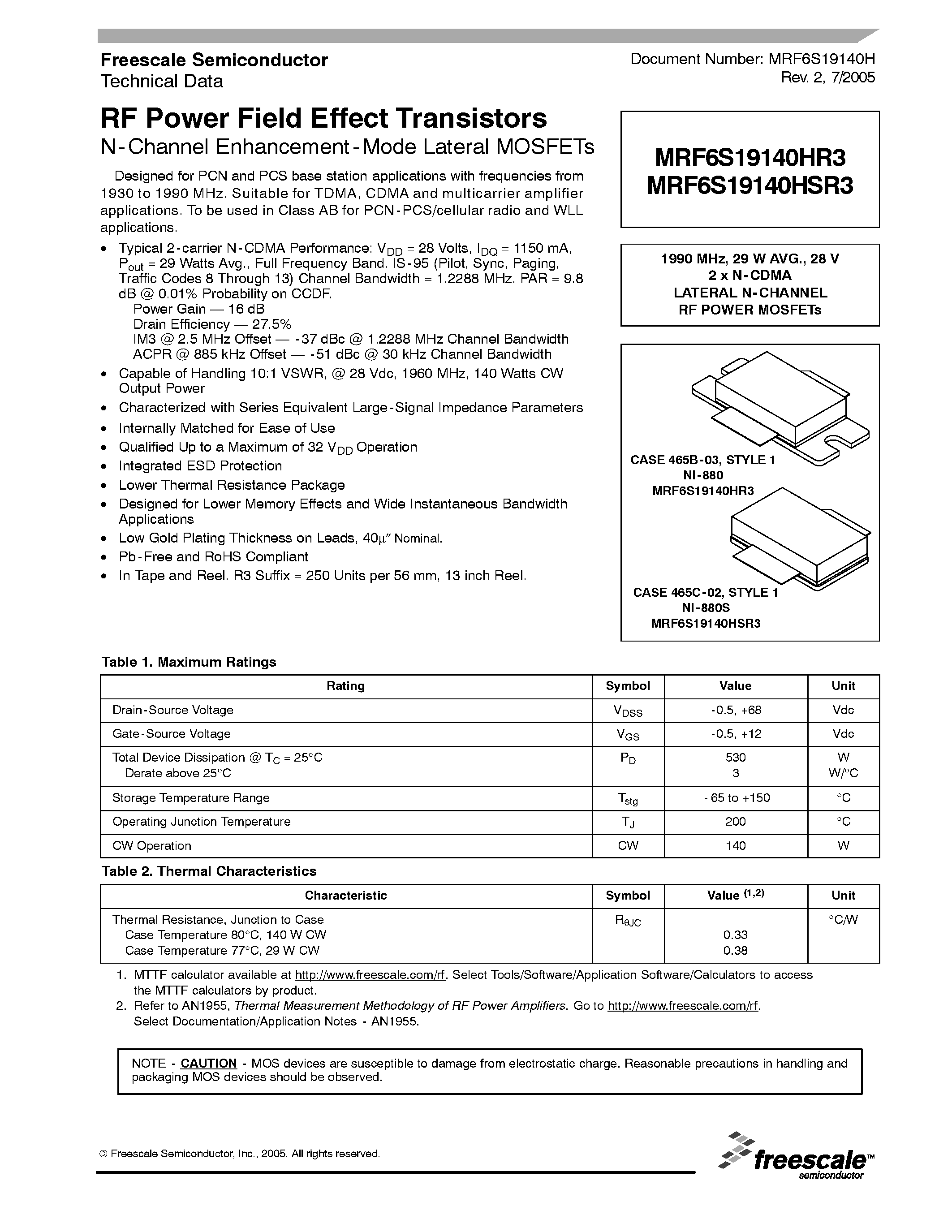 Datasheet MRF6S19140HR3 - N-Channel Enhancement-Mode Lateral MOSFETs page 1