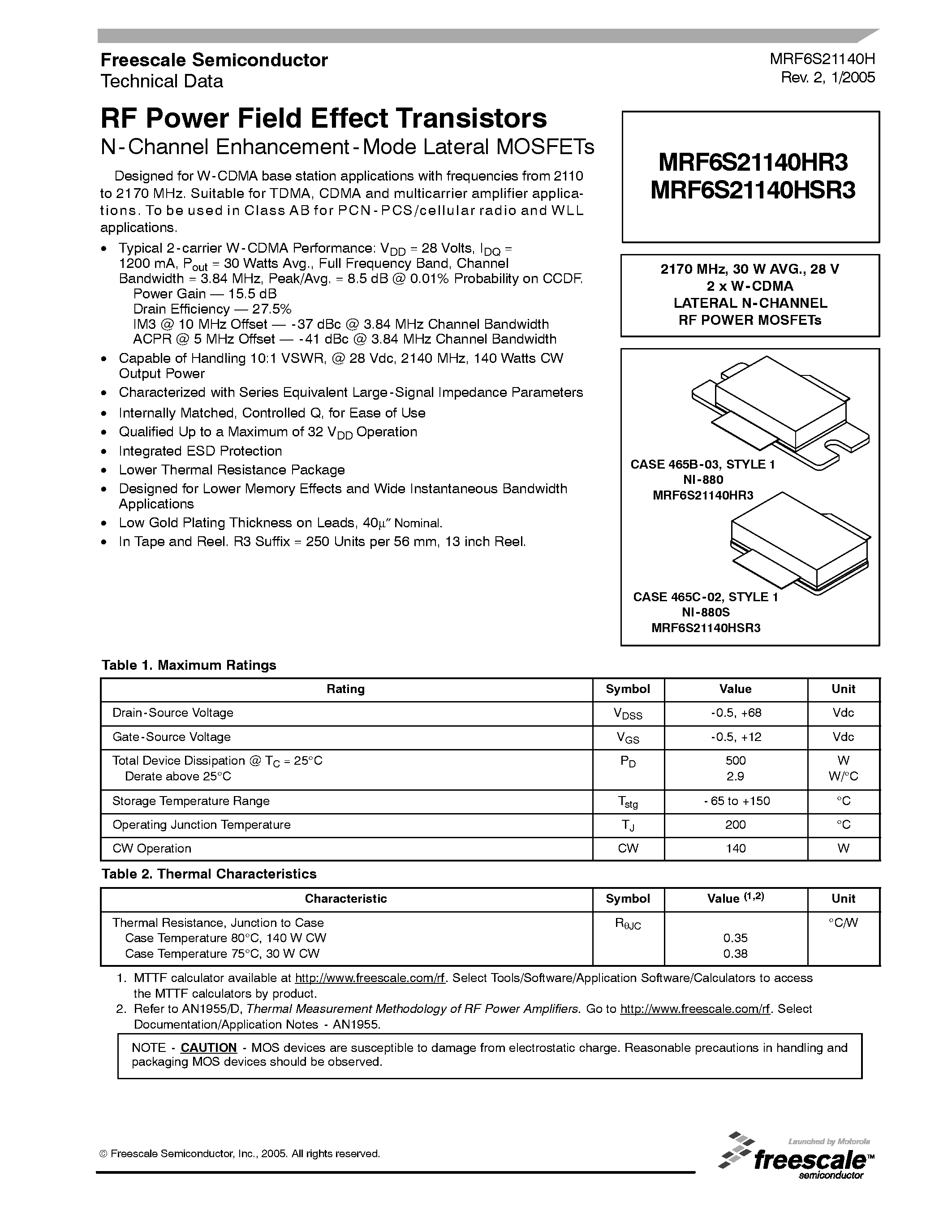 Datasheet MRF6S21140HR3 - N-Channel Enhancement-Mode Lateral MOSFETs page 1