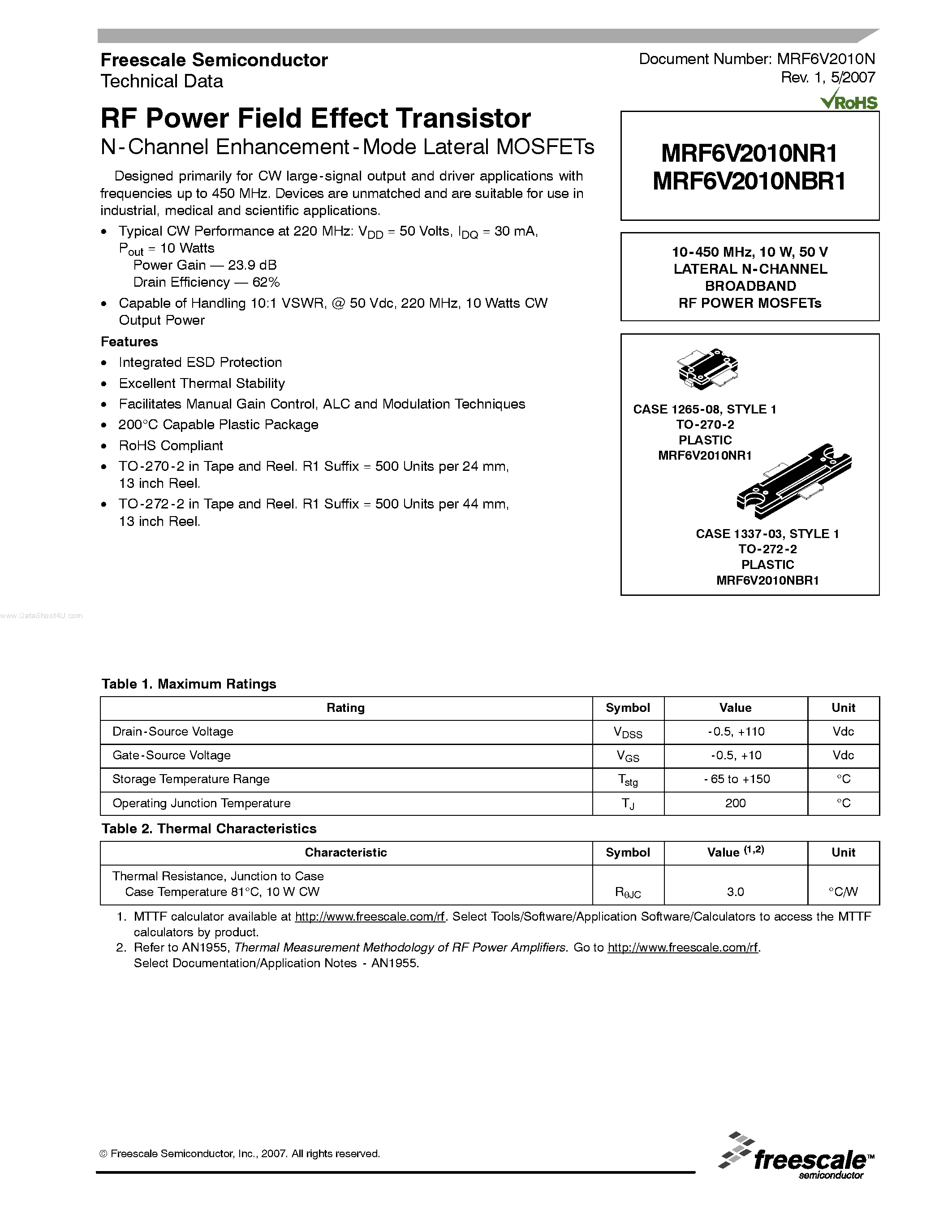 Datasheet MRF6V2010NBR1 - RF Power Field Effect Transistor N-Channel Enhancement-Mode Lateral MOSFETs page 1